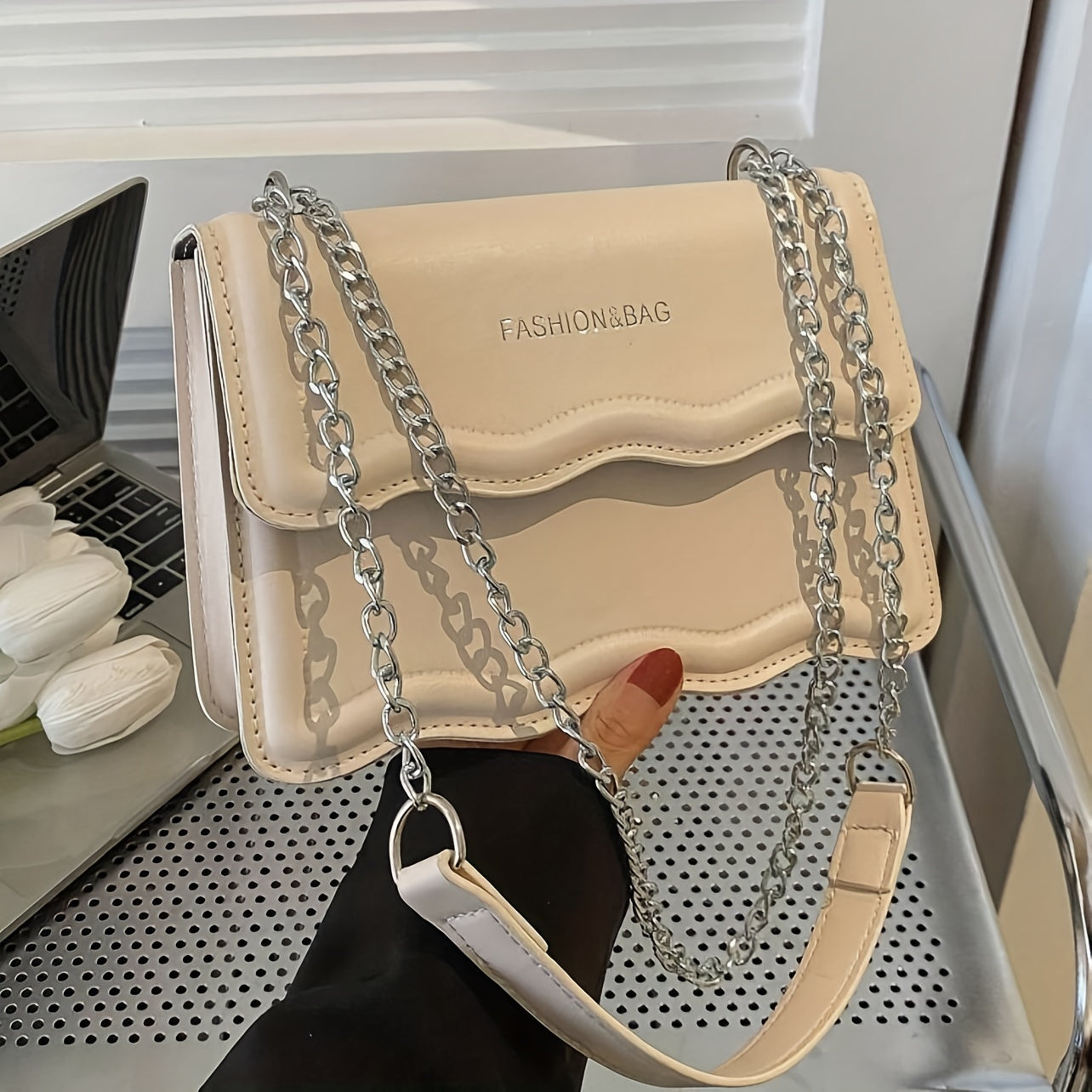 Elegant Mini Messenger Bag for Women: Magnetic Closure, Scallop Design, Chain Strap, Faux Leather Lining, Solid Color