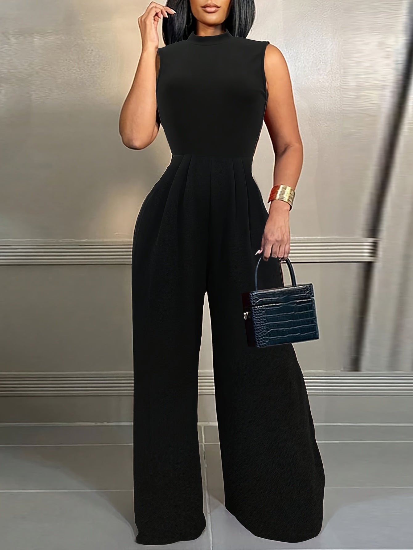 [Casual Elegance] Women's High Neck Sleeveless Jumpsuit, Casual Solid Color Polyester Knit Fabric, All-Season Adult Vest Style Romper