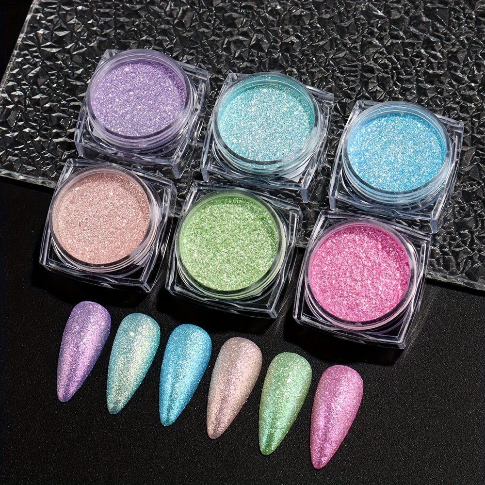 6pcs Star Glitter Powder Set Holographic Summer Pink Purple Blue Green Sugar Dipping Pigment Mermaid Iridescent Nail Sequins Dust Decoration Nails Supplies