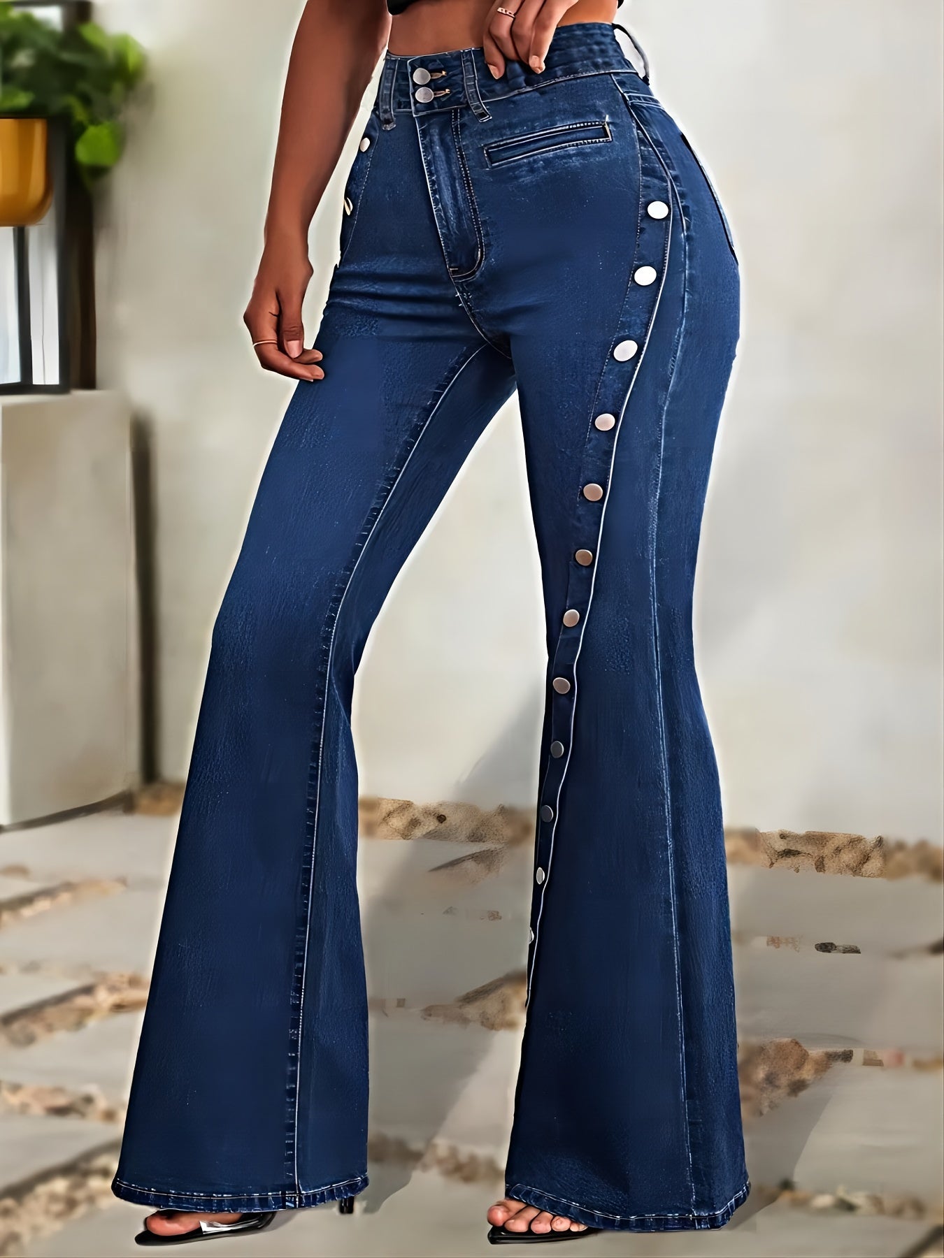 Vibrant Washed Blue Retro Style Flare Leg Stretchy Denim Pants - Zipper Button Closure, Comfortable & Versatile Women's Jeans with Decorative Buttons - Perfect for Casual Daily Wear, Outdoor Activities & More