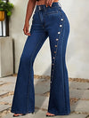 Vibrant Washed Blue Retro Style Flare Leg Stretchy Denim Pants - Zipper Button Closure, Comfortable & Versatile Women's Jeans with Decorative Buttons - Perfect for Casual Daily Wear, Outdoor Activities & More