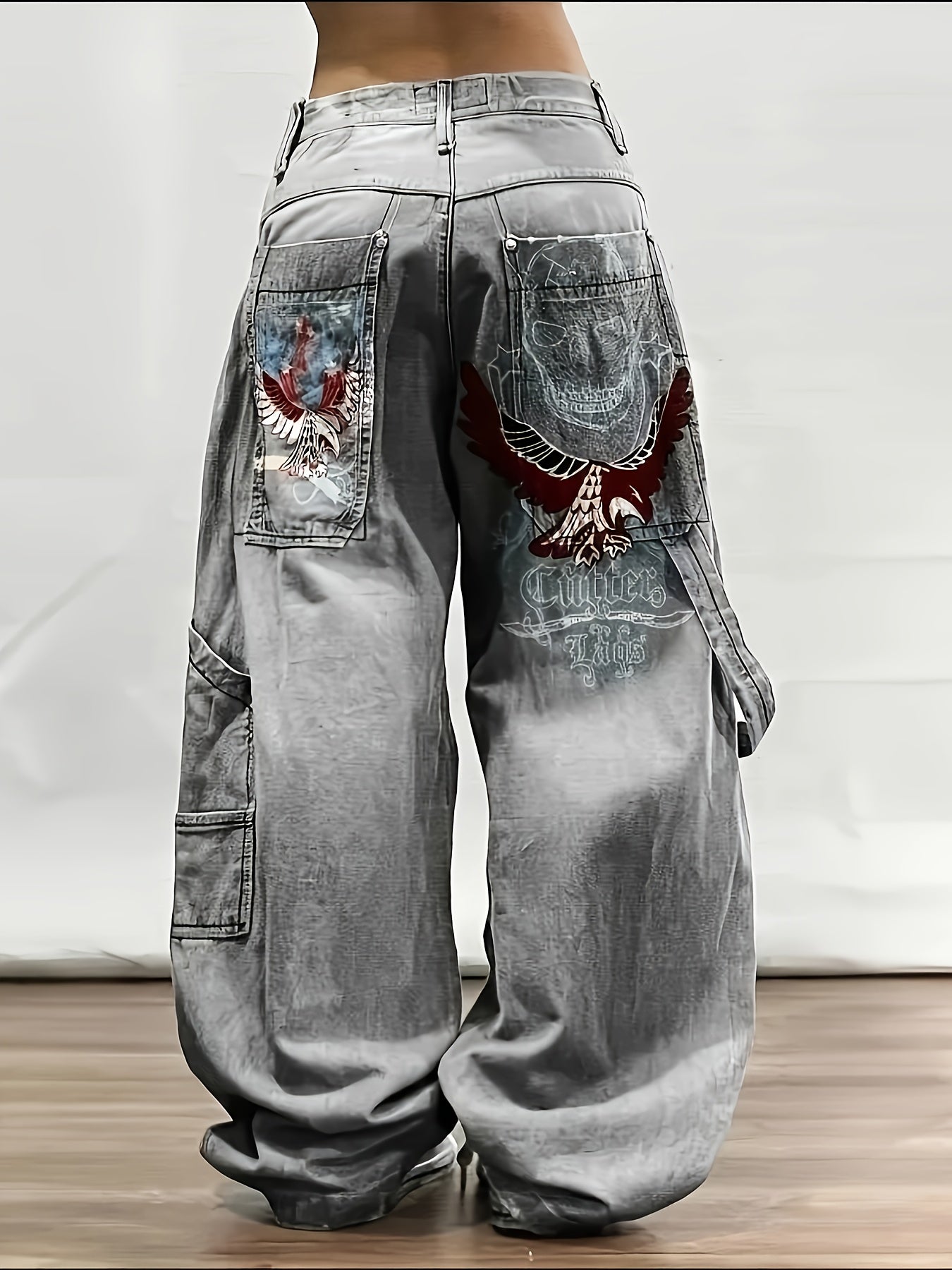 Print-Inspired Y2K Street Style Loose Fit Wide Leg Jeans for Women & Men - Gray Washed Denim with Eagle Design, Polyester Blend, Comfortable & Stylish Hip-Hop Fashion Pants, Casual Wear Pants | Patched Pocket Jeans | Durable