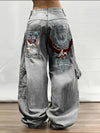 Print-Inspired Y2K Street Style Loose Fit Wide Leg Jeans for Women & Men - Gray Washed Denim with Eagle Design, Polyester Blend, Comfortable & Stylish Hip-Hop Fashion Pants, Casual Wear Pants | Patched Pocket Jeans | Durable
