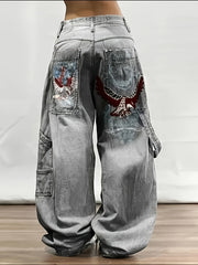 Print-Inspired Y2K Street Style Loose Fit Wide Leg Jeans for Women & Men - Gray Washed Denim with Eagle Design, Polyester Blend, Comfortable & Stylish Hip-Hop Fashion Pants, Casual Wear Pants | Patched Pocket Jeans | Durable