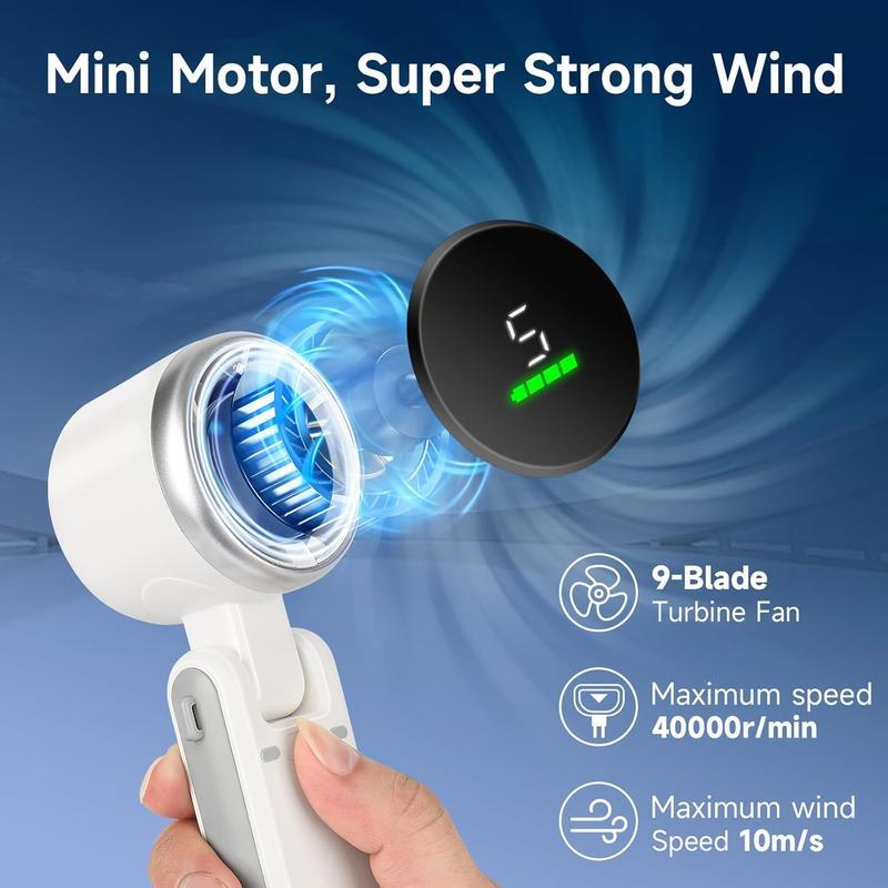Portable turbo fan, with 5 speed adjustment settings, digital display, three-in-one handheld mini fan, USB rechargeable fan, essential item for holidays, suitable for travel, bedroom, camping and outdoor use.