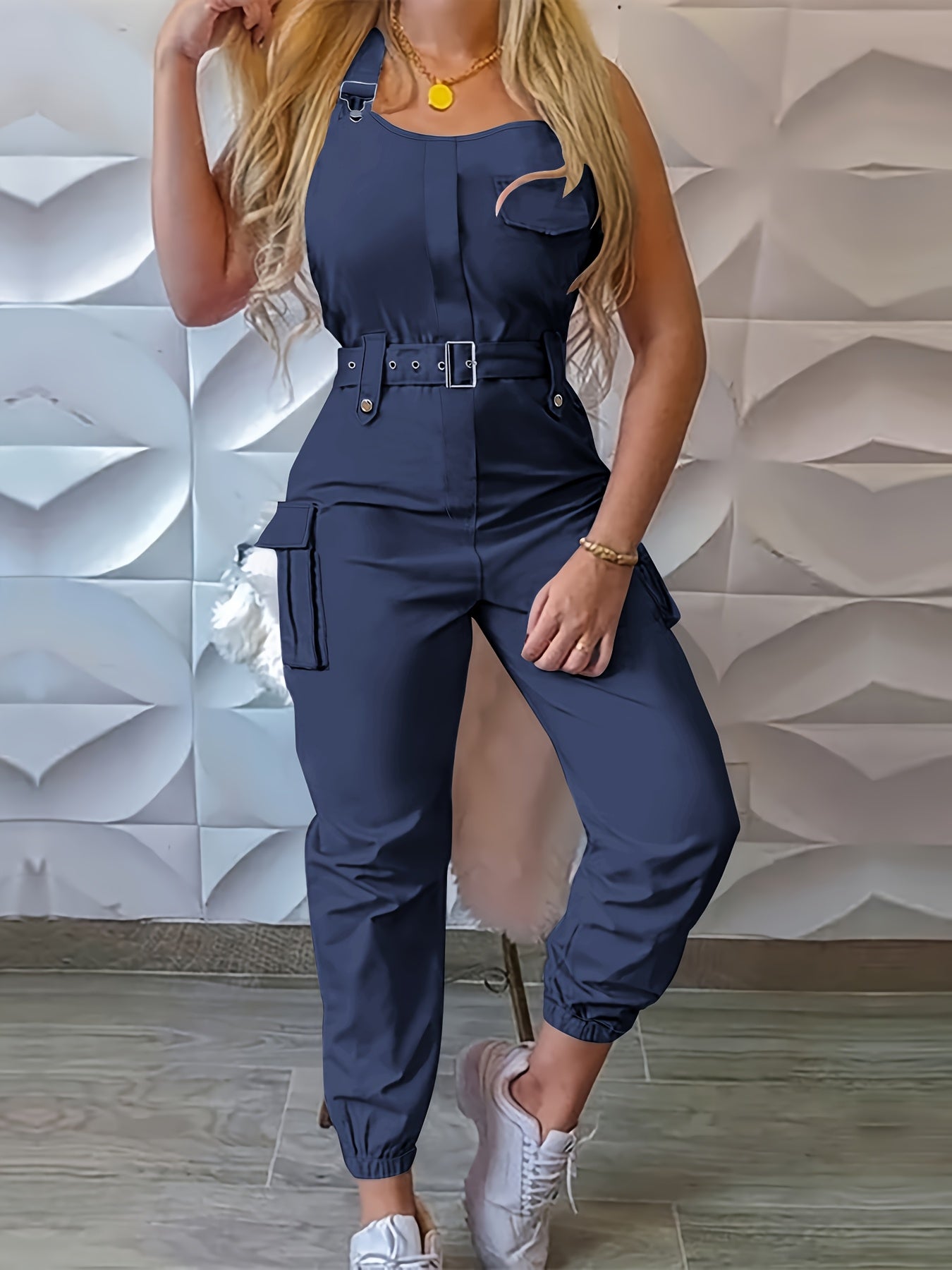 Solid Flap Pocket Cargo Jumpsuit with Belted Detail, Sleeveless Women's Casual Jumpsuit