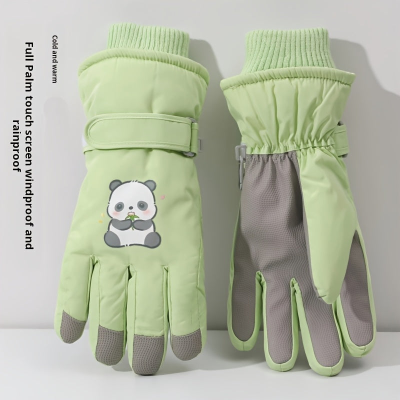 1 Pair Women'S Winter Ski Gloves, Cute Panda Design, Touchscreen Compatible, Polyester Thermal Lining, Velvet Palm, Magic Tape Closure, Hand Washable, Weather-Resistant