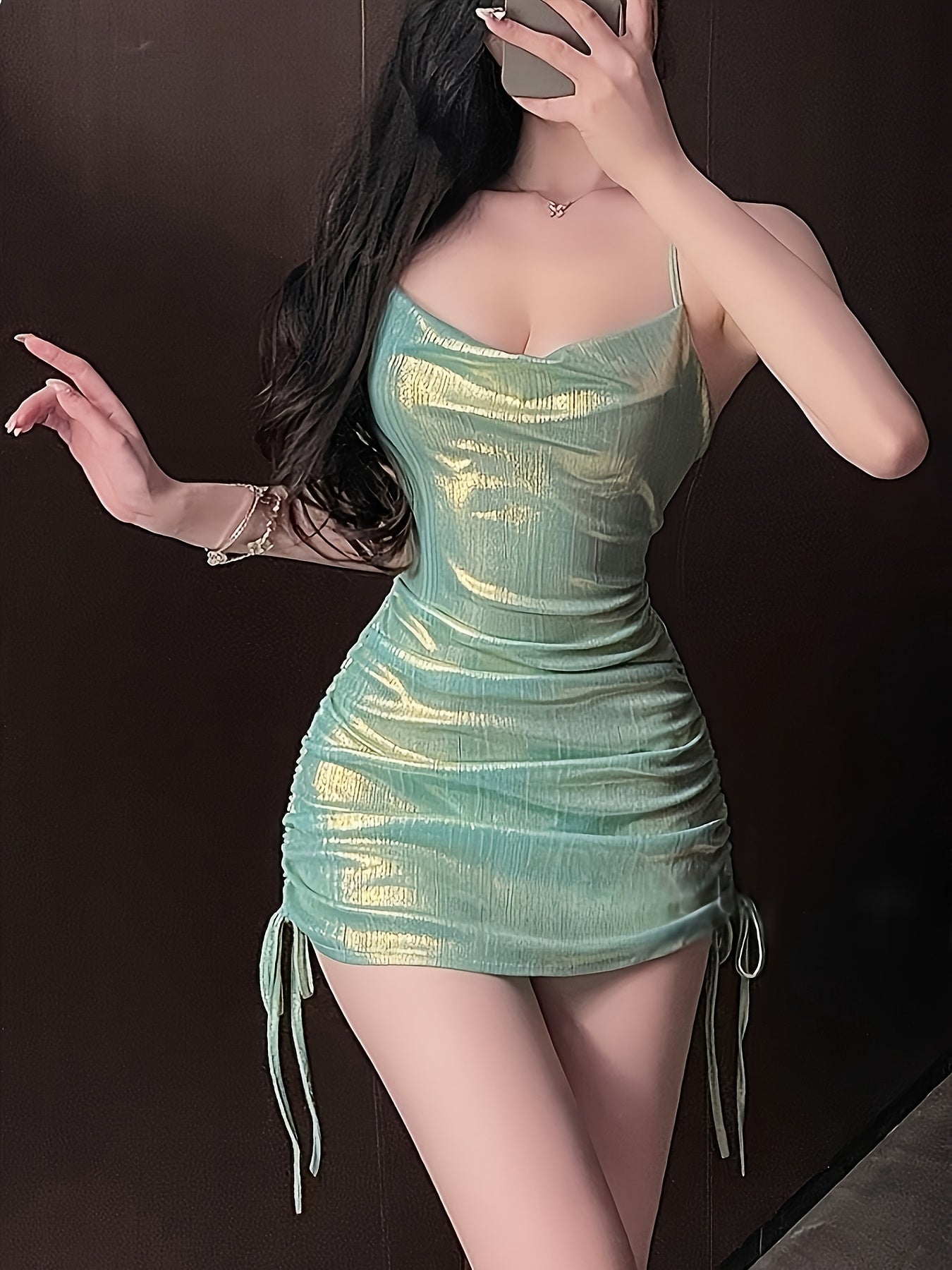 Women's Sexy Backless Halter Nightgown - Shiny Polyester Ruched Side Mini Dress, Semi-Sheer, Glossy Finish, Elegant Sleepwear, Evening Attire | Ruched Mini Dress | Smooth Texture