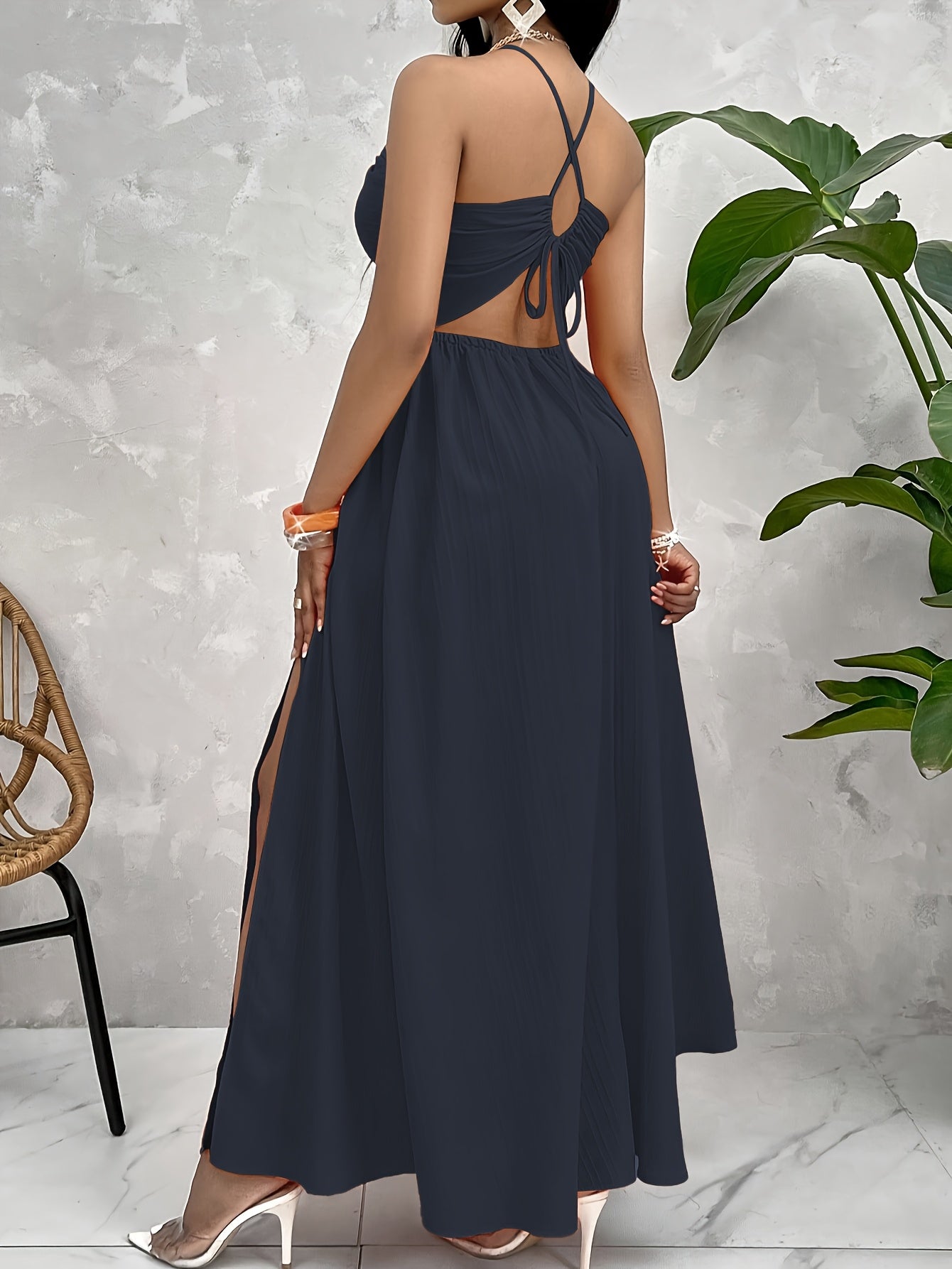 Stylish Women's Sexy Backless Split Dress - Vibrant Orange, Halter Neck, High-Waisted A-Line Cut, Polyester, Perfect for Spring/Summer, Evening Attire | Halter Neck Dress | Glossy Texture