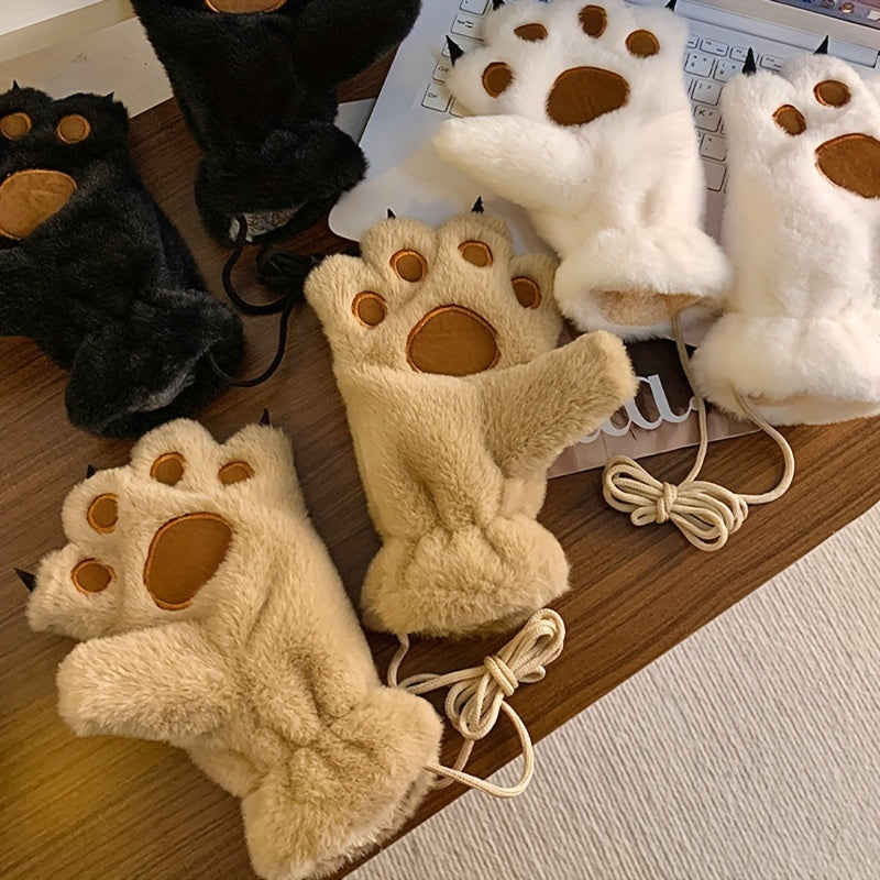 Cozy Cat Paw Plush Mittens - Ultra-Warm, Windproof Thick Fleece Gloves with Cute Animal Design for Cycling, Skiing & Outdoor Activities, White with Brown Accents