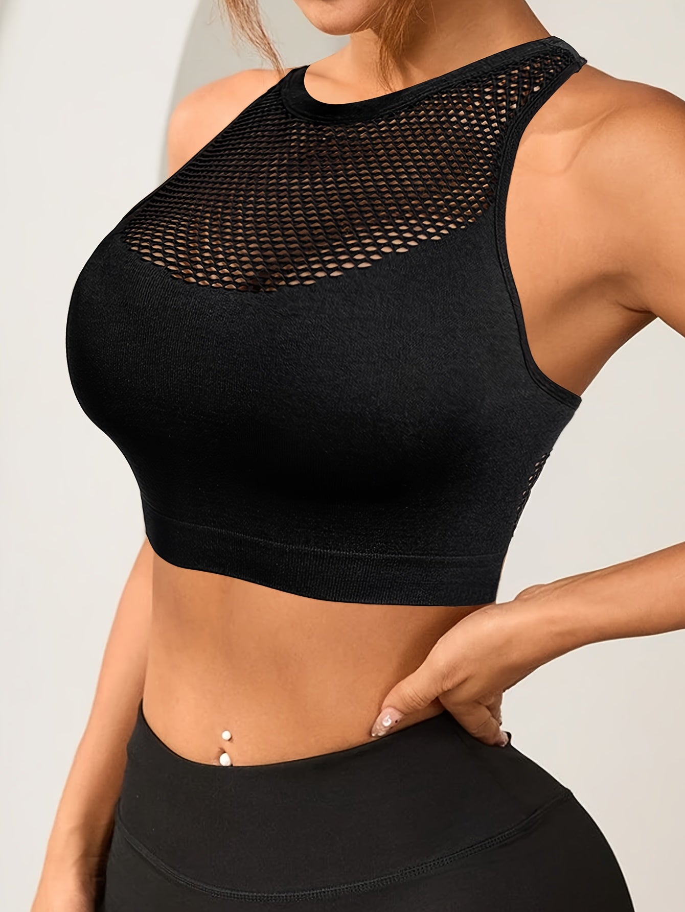 Mesh Contrast Racer Back Hollow Out Crop Top, Casual Crew Neck Sleeveless Cropped Tank Top, Women's Lingerie & Underwear