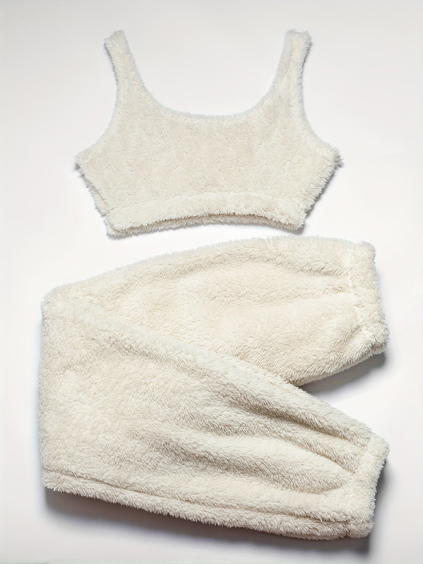 Cozy Solid Fuzzy Lounge Set - Soft Micro Elastic Polyester Tank Crop Top & Elastic Waistband Pants for Women - Machine Washable, Casual Fall/Winter Loungewear & Sleepwear for Adult