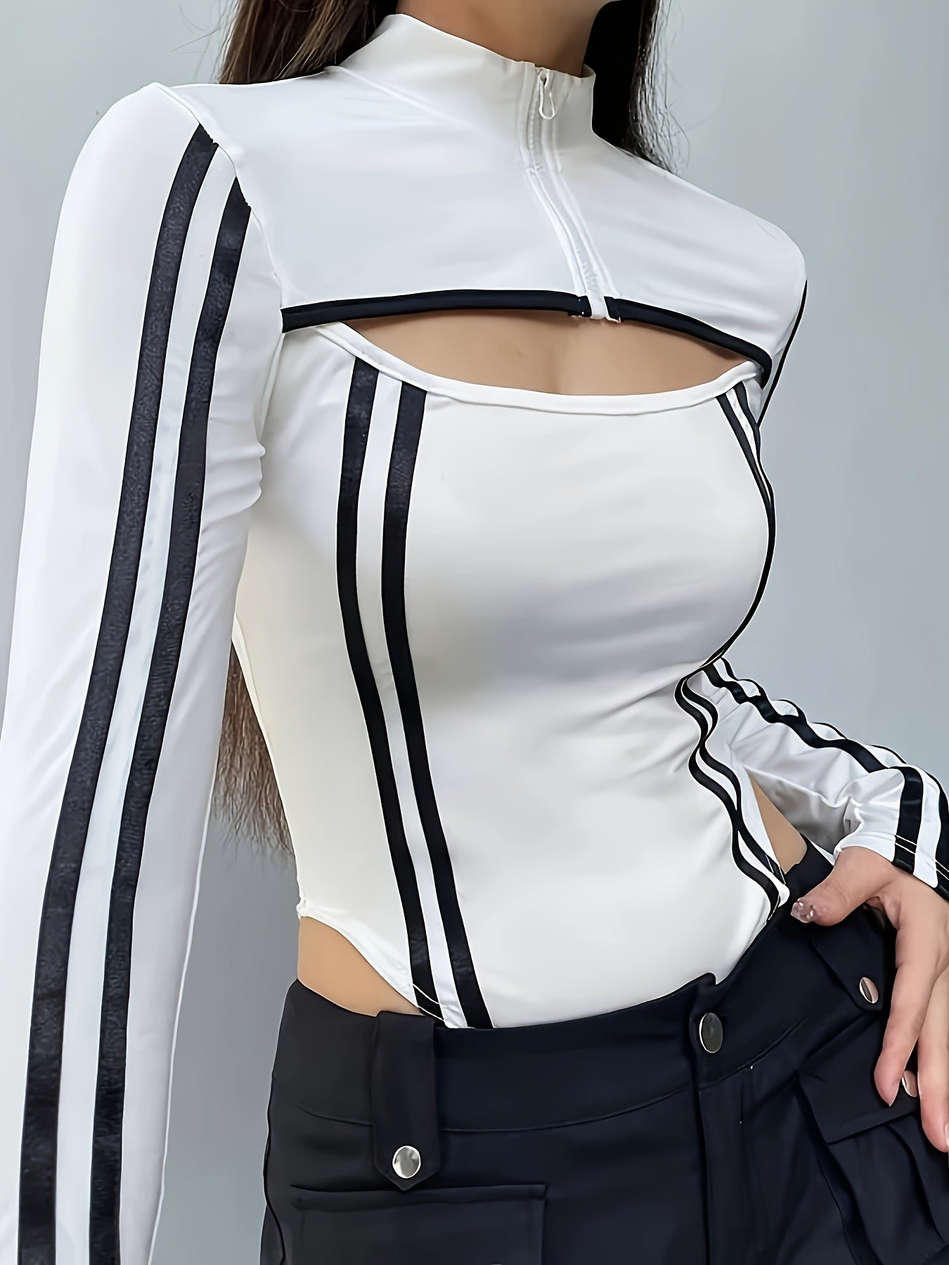 Women'S Long Sleeve Bodycon Top - White with Black Stripes, High Neck, Stand Collar, Zipper Detail, Skinny Fit, Perfect for Casual & Formal Occasions, Versatile Clothing | Stylish Long Sleeve Top | Knit Construction, Long Sle