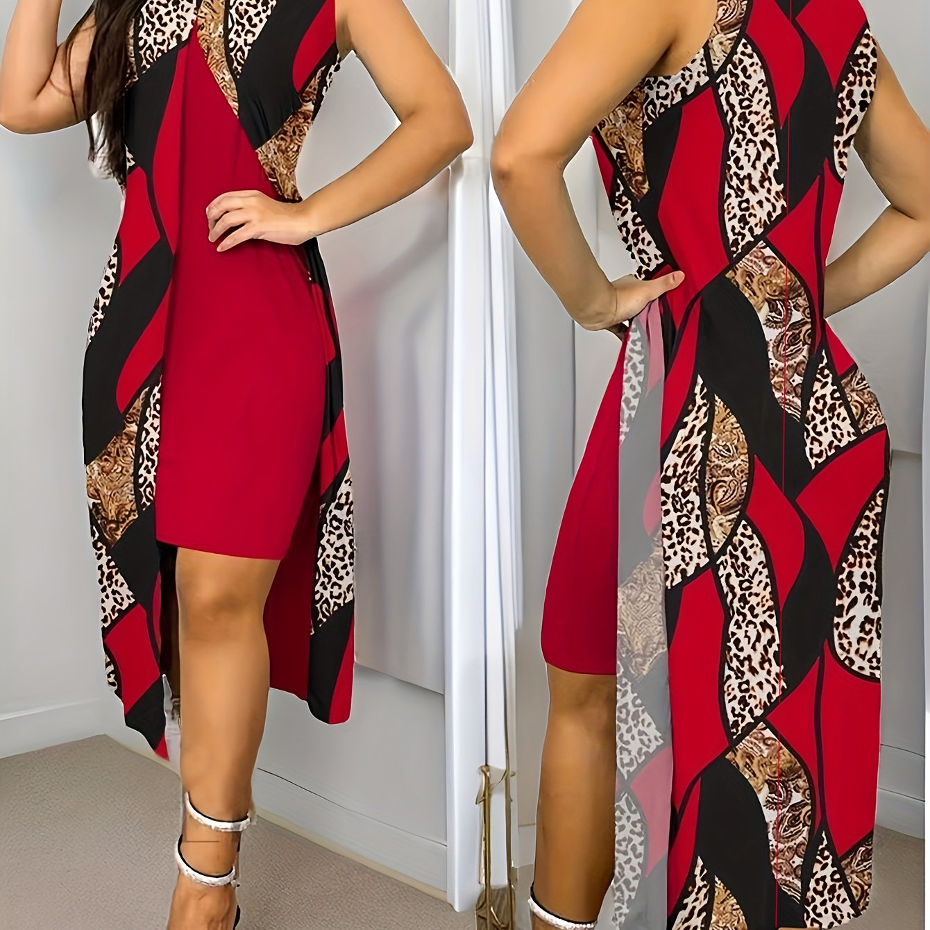 Women's Round Neck Printed Faux Two-Piece Design Slim Fit High-Waisted Dress