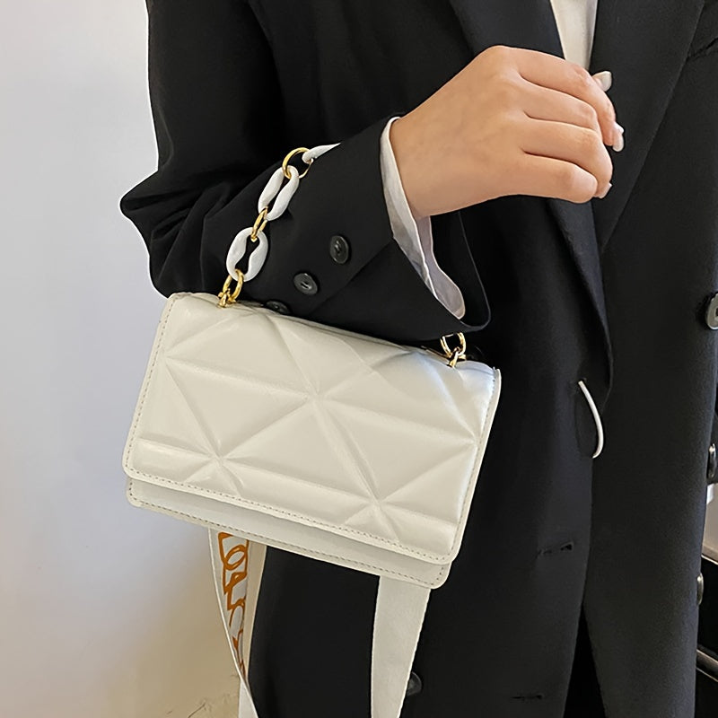 Women's Fashion Chain Shoulder Bag - Quilted Rhombus Crossbody Purse, Faux Leather, Casual Style, Versatile for Daily Commute, Parties, and Outings, Magnetic & Button Closure, Polyester Lining, Adjustable & Replaceable Strap,