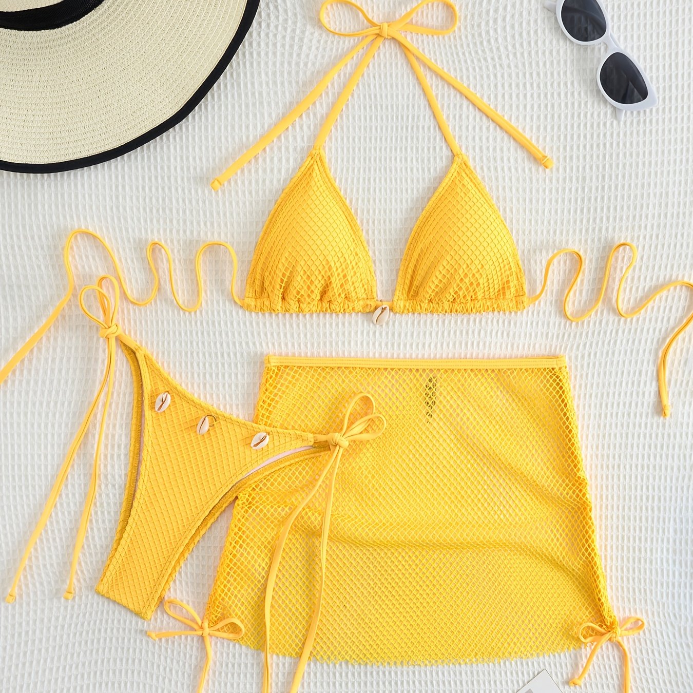 Solid Color 3pcs Bikini Set, Halter Neck with Mesh Tie Back and High Cut Sides, Cover-Up Wrap Swimsuit, Women's Swimwear and Clothing Triangle Top
