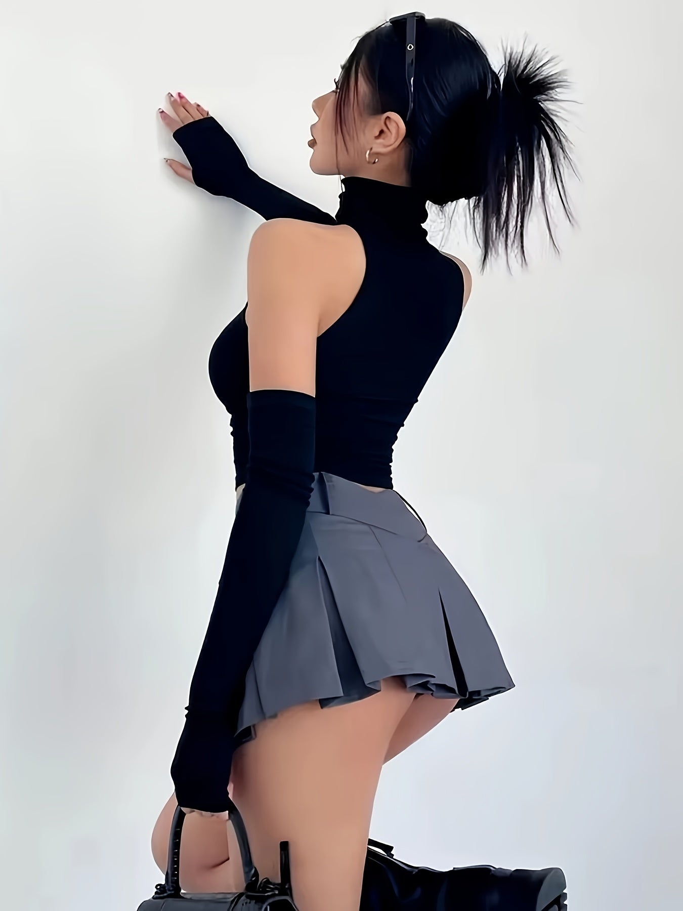 Stylish Black Pleated Mini Skirt for Women - High-Waisted, V-Leg Design, Polyester, Machine Washable, Perfect for Casual or Commuter Wear