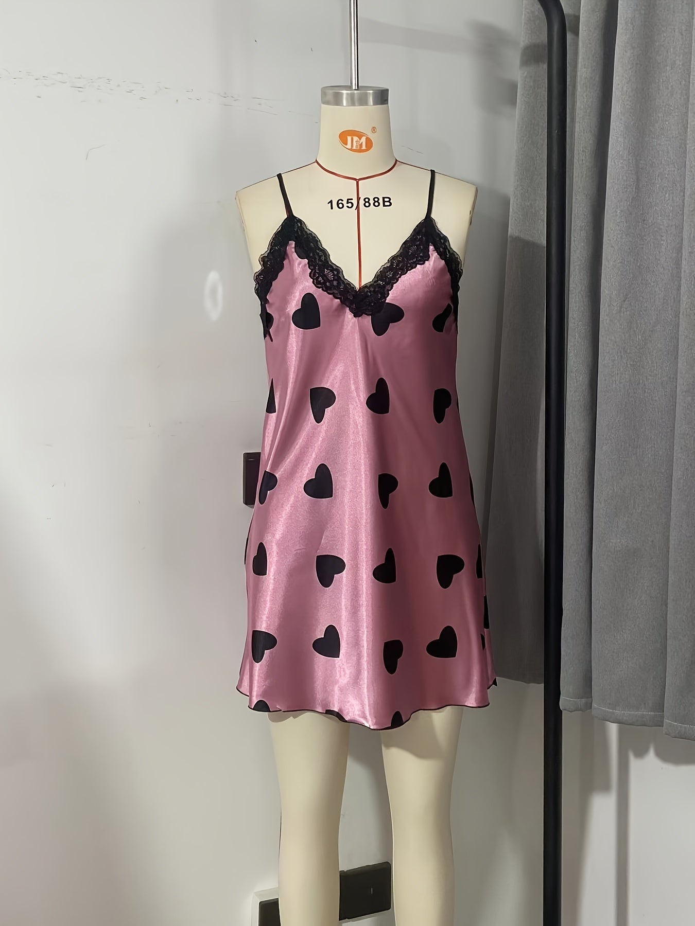 Sexy Heart Print Lace Trim V Neck Backless Slip Nightdress - Micro Elastic Polyester Sleep Mini Dress for Women - Machine Washable, All-Season, Random Printing, Woven