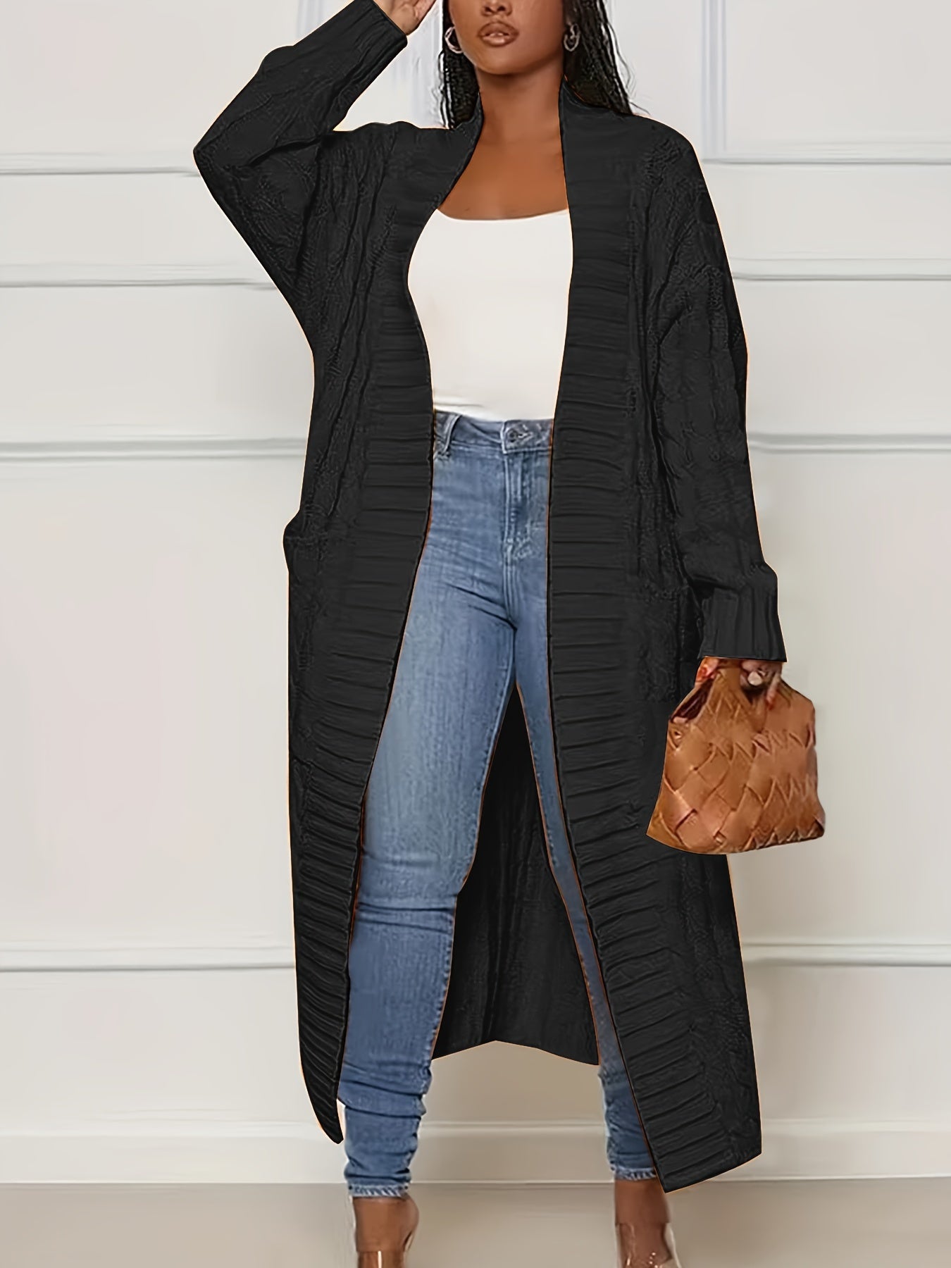 [Polyester Knit Cardigan] 100% Polyester Women's Casual Knit Cardigan - Solid Color Long Sleeve Open Front Sweater with Pockets - Versatile Knitwear for All Seasons