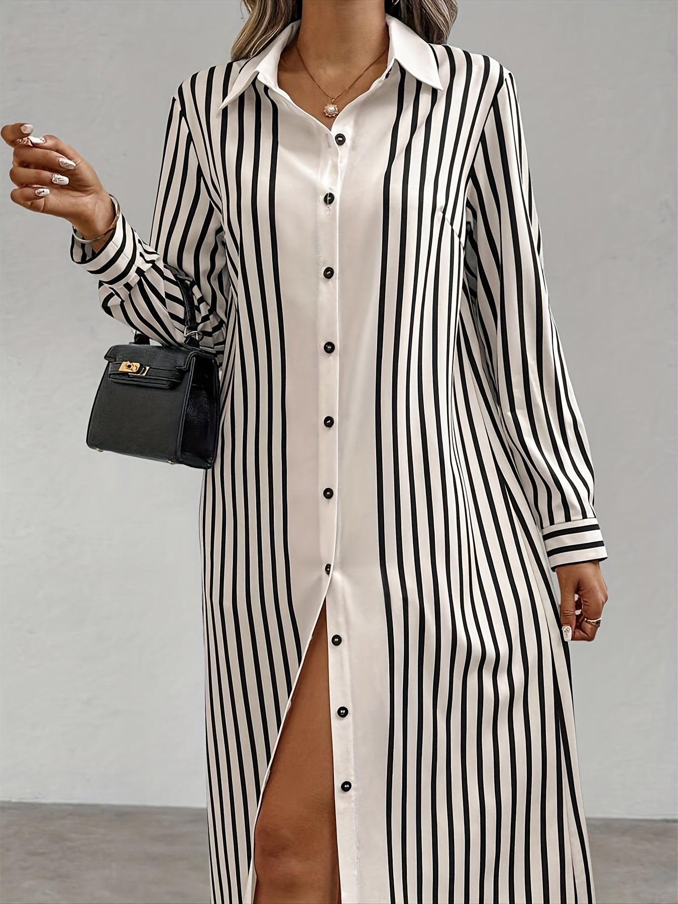 Elegant Striped Long Sleeve Shirt Dress with Lapel Collar and Button Details - Chic Spring/Autumn Women'S Shirting, Long Sleeve Dress