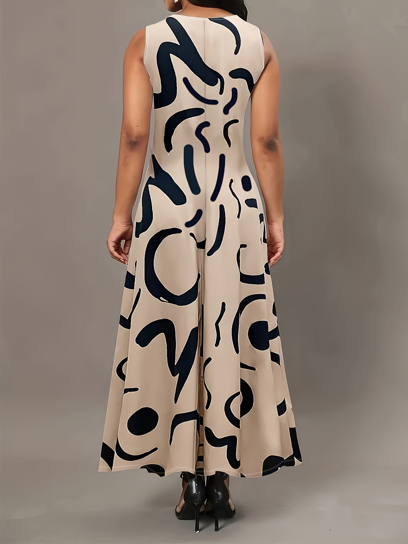 [Maxi Dress with Keyhole Neckline] Elegant Sleeveless Maxi Dress for Women, Polyester and Spandex Blend, Knit Fabric, with Keyhole Neckline and Pockets, Abstract Print Design, for Spring/Summer/Fall