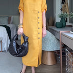 Elegant Mustard Yellow Women's Maxi Dress with Front Button Detail - Cinched Waist, Half Sleeve, Round Neck - Spring/Summer Fashion for Adults