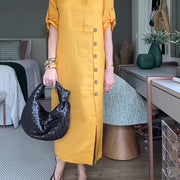 Elegant Mustard Yellow Women's Maxi Dress with Front Button Detail - Cinched Waist, Half Sleeve, Round Neck - Spring/Summer Fashion for Adults