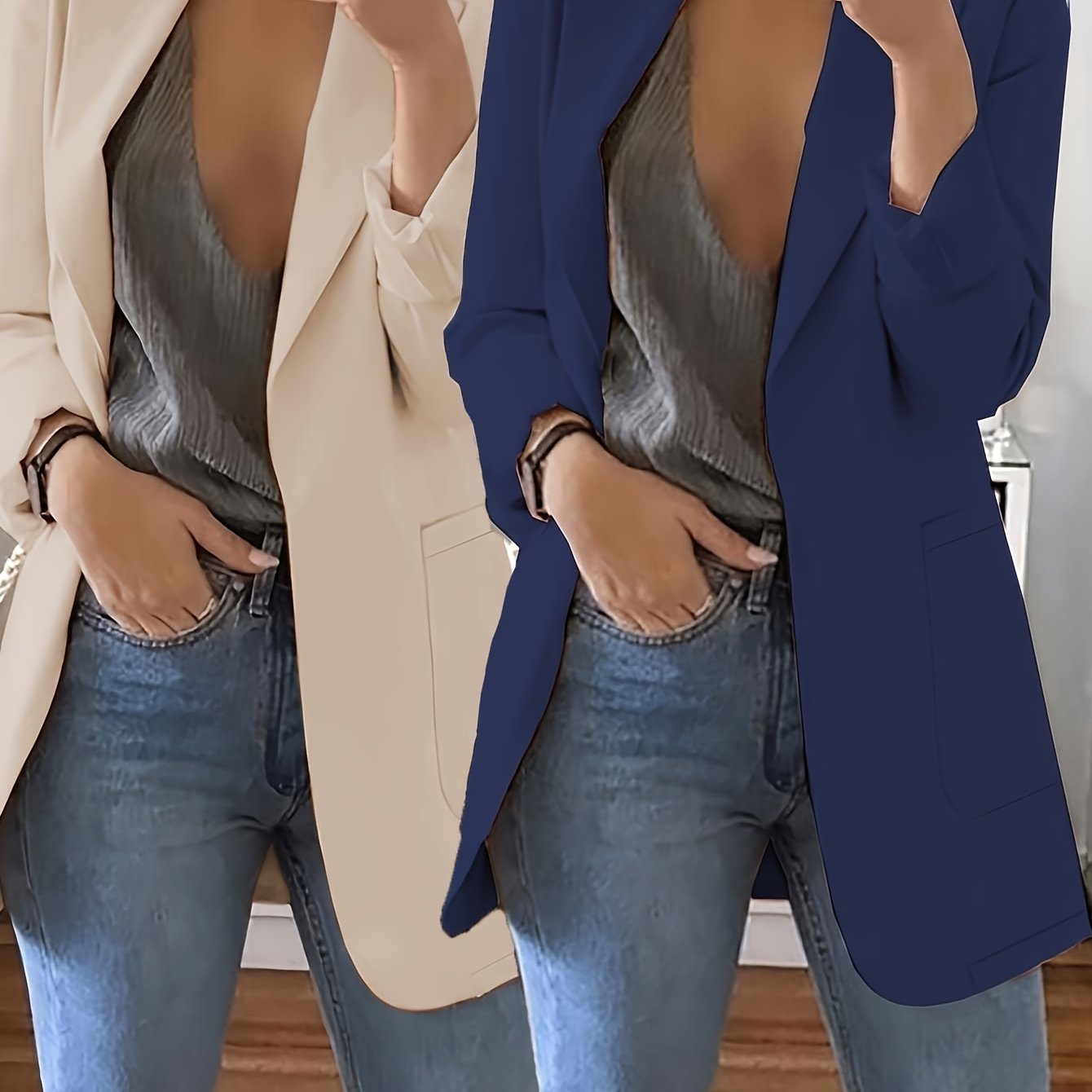 2pcs Stylish Solid Color Blazer & Top Set for Women - Casual Long Sleeve Buttonless Placket with Pockets, Polyester, H-Line, Spring/Summer/Fall, Casual Attire|Modern Casualwear|Polyester Jacket