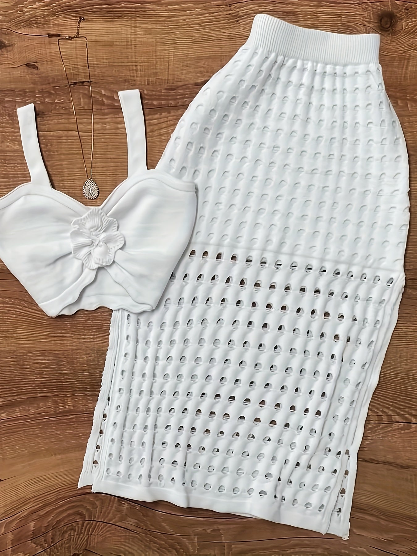 TJ3238 French Chic Lace Bralette & Skirt Set - White Knit, Ribbed, Perforated Two-Piece Ensemble with Floral Detail, Casual Style, Polyester Blend, Casual Attire|Chic TwoPiece Set|Polyester Blend