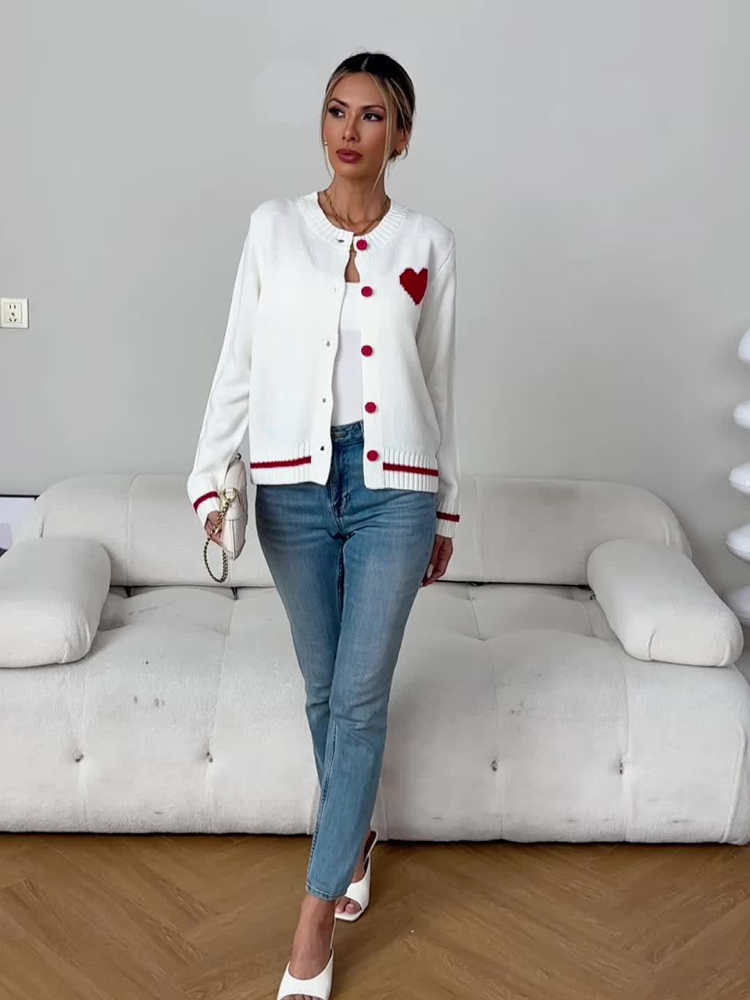 Heart Pattern Crew Neck Striped Cardigan, Casual Color Block Button Front Long Sleeve Cardigan For Fall, Women's Clothing