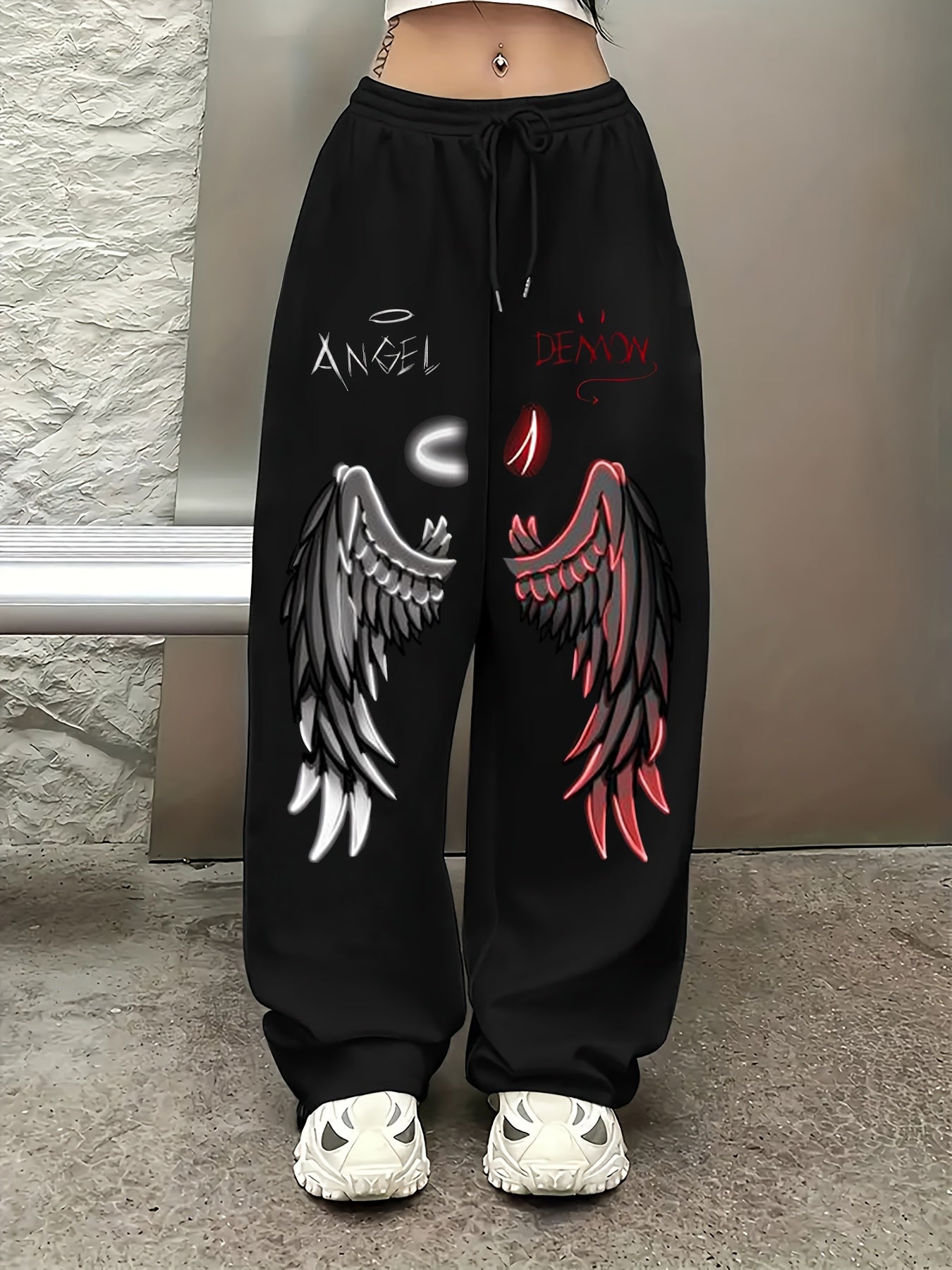 Women's Angel and Devil Wing Print Joggers - Casual Loose Fit Wide Leg Sweatpants with Drawstring Waist, Black Polyester, Versatile Clothing|Bold Print Leggings|Glossy Fabric Pants