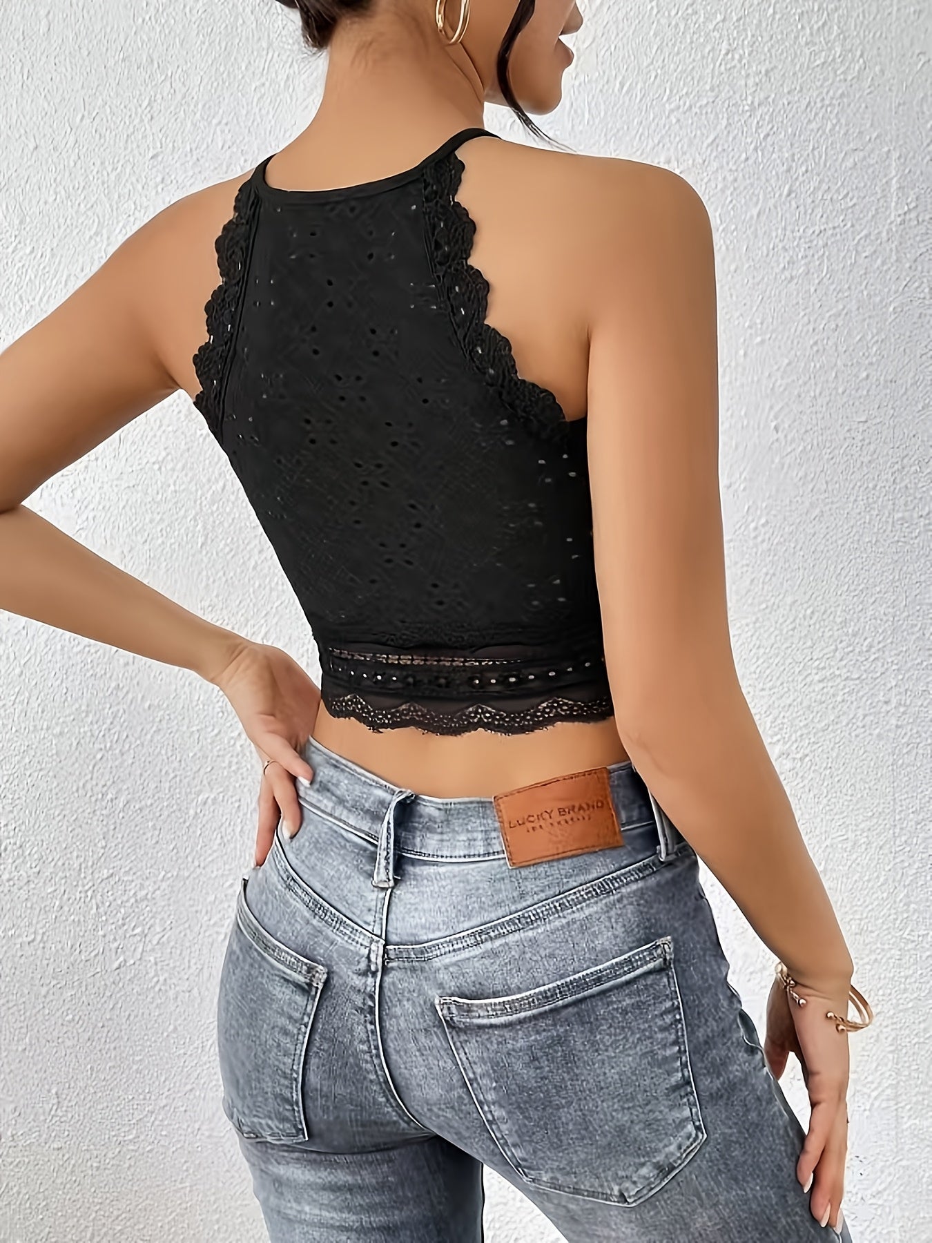 Women's Sexy Chic French-Style Geometric Lace & Textured Fabric Patchwork Cami Top - Black Sleeveless Fitted Crop Top, Medium Stretch, Machine Washable for Spring/Summer Casual & Formal Wear, Casual Chic Top | Frenchinspired