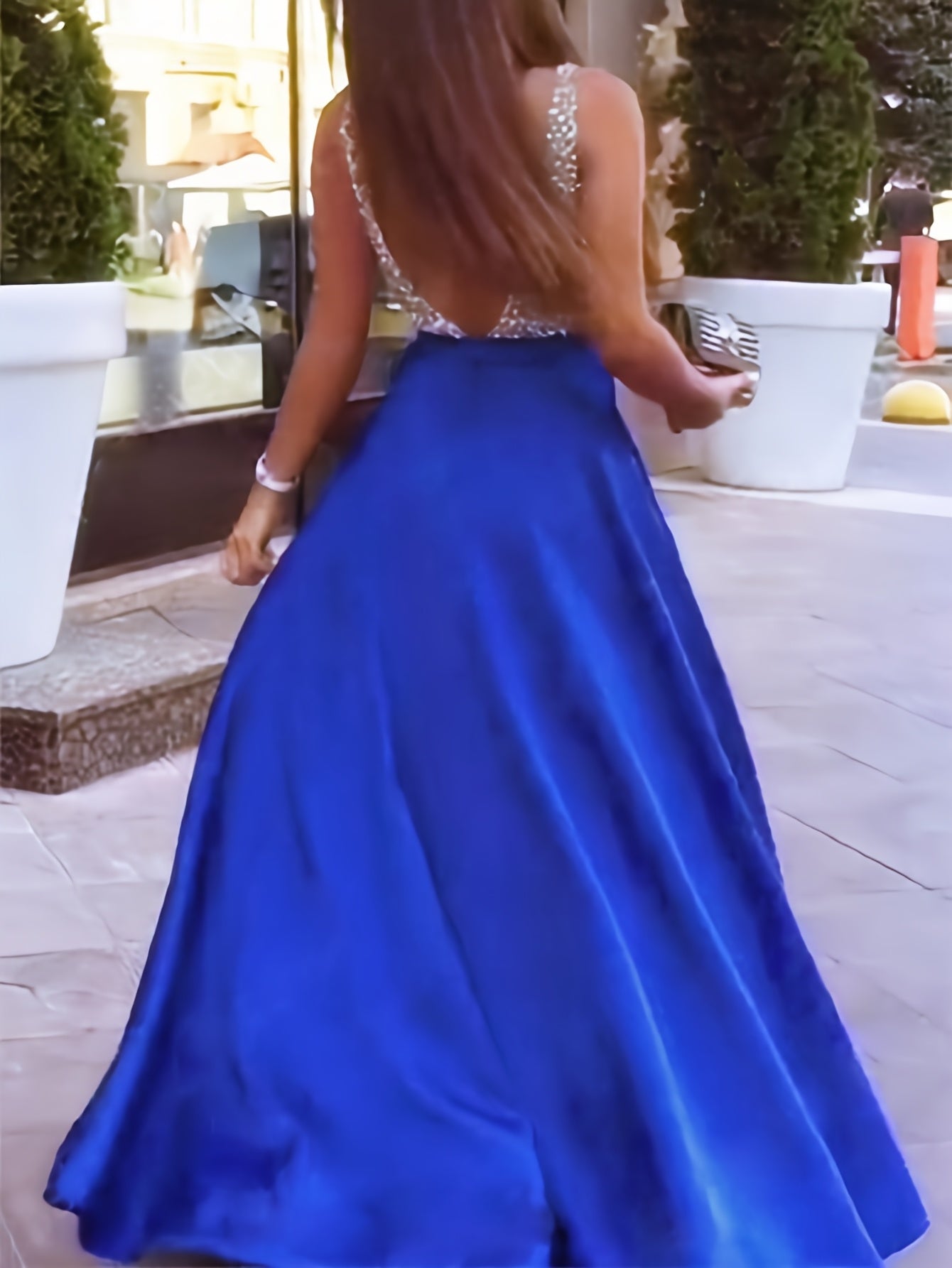 Women's Elegant Sleeveless Deep V-Neck Sequin & Satin Evening Gown - A-Line Mermaid Formal Dress with Super Long Train for Weddings, Galas & Special Occasions, Wedding Guest Attire | Sequined Bodice