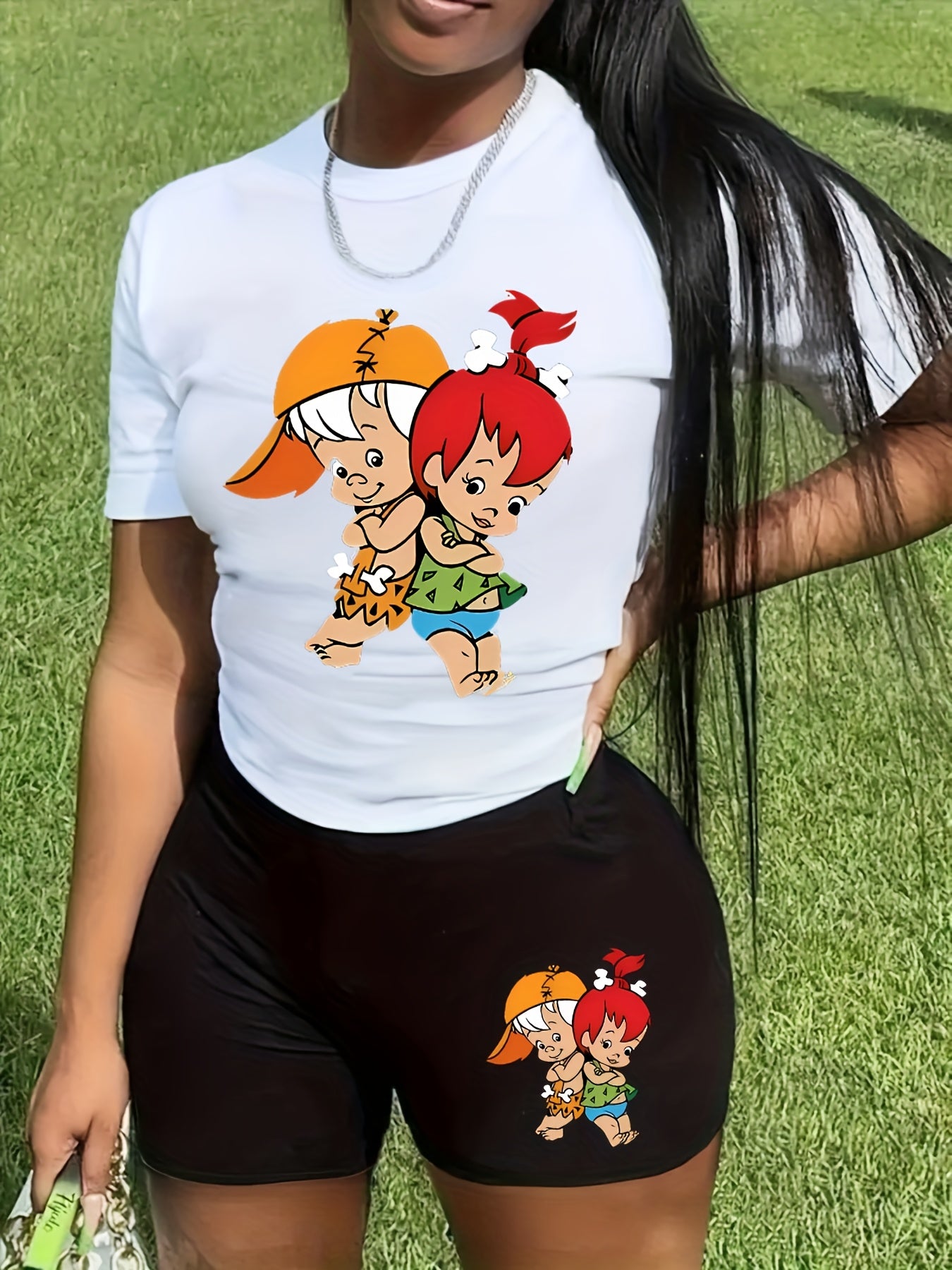 Trendy Cartoon Graphic Tee & High-Waisted Biker Shorts - Soft, Stretchy, and Comfortable Polyester Blend for Spring/Summer Outfits