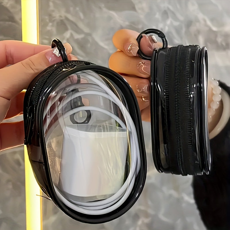 One Portable PVC Cable Storage Box, Casual Style Transparent Charger Storage Box for Headphones and Data Cables, Portable Cable Organizer with Keychain for Chargers, Can also be used to store headphones, cables, jewelry, etc.
