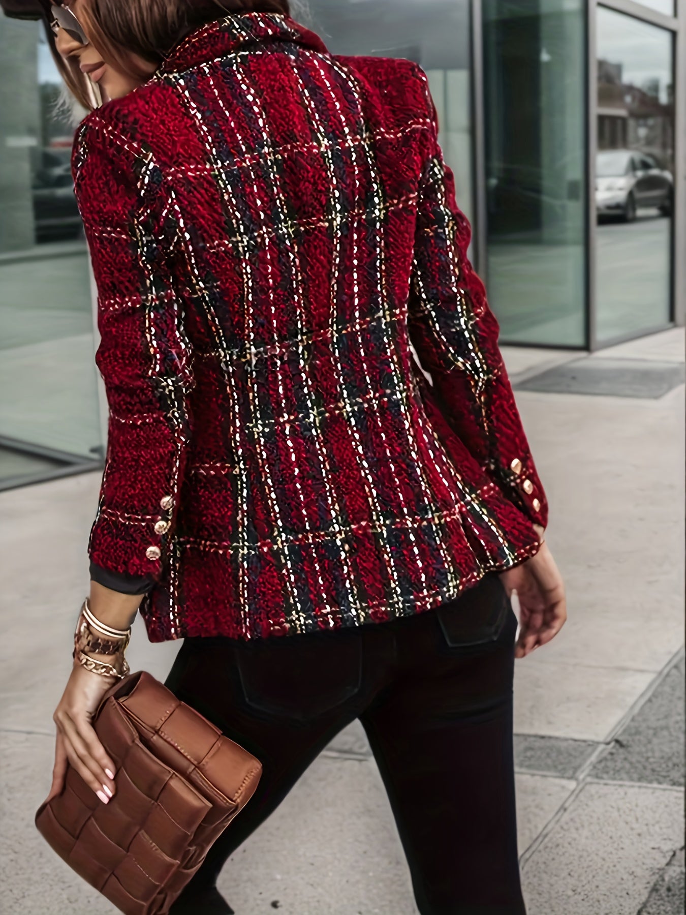 Elegant Red Plaid Women's Blazer - Double-Breasted Office Jacket with Golden-Tone Buttons, Long Sleeves, Polyester & Spandex Blend, Machine Washable, Perfect for Casual or Professional Wear, Casual Office Wear | Doublebreaste