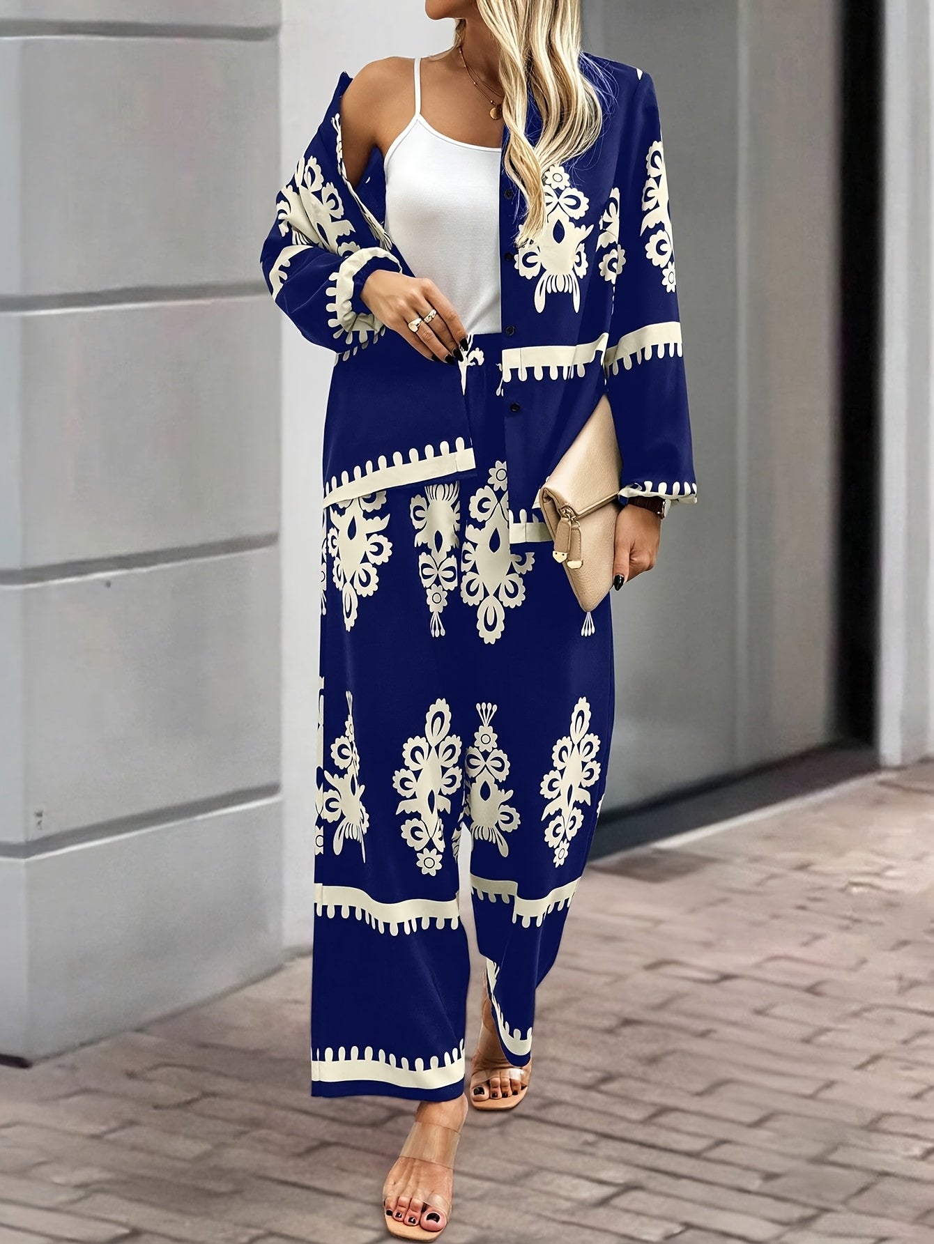 2pcs Elegant Special Set for Women with Random Print Front Button Long Sleeve Top and Pants Casual Suit