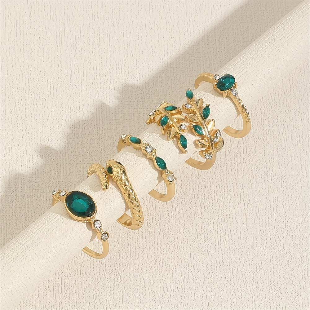 Vintage Elegant Leaf & Snake Design Rhinestone Stacking Rings Set - 5-Piece Alloy Ring Pack with Green Accents for Daily & Vacation Wear