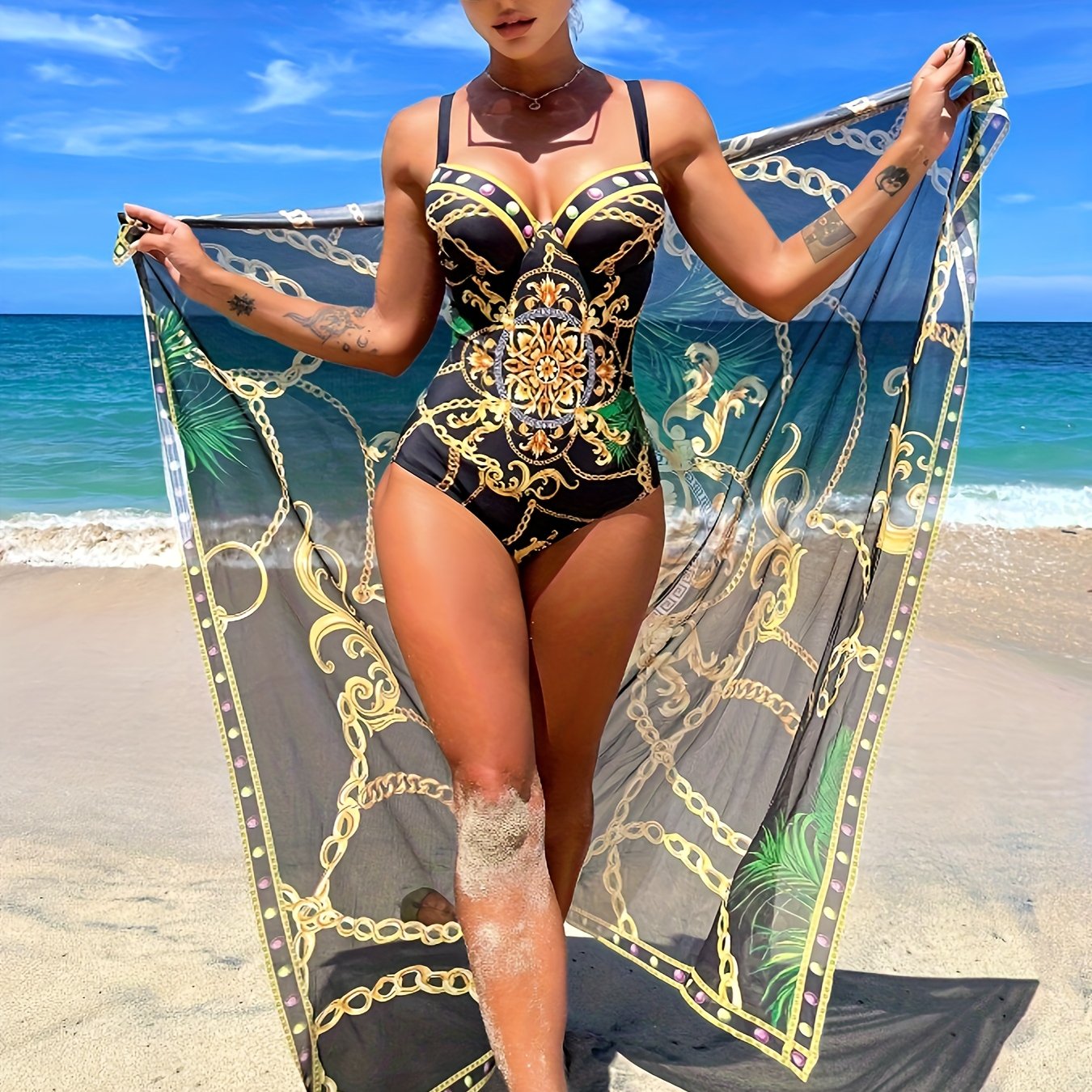 Chain Print Elegant 2 Piece Swimsuits, V Neck Push Up Spaghetti Strap One-piece Bathing-suit & Cover Up Skirt - For Women - Summer Beachwear - Perfect Gift for Vacation