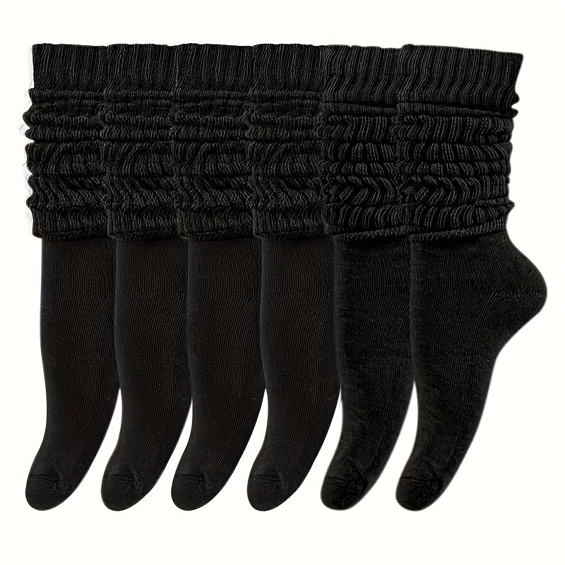6 Pairs Women's Knit Tube Socks, Polyester Blend with Elastane, Solid Color, Comfortable Stretch, Hand Washable, for Casual High-Cut Leg Warmers, Cute Socks