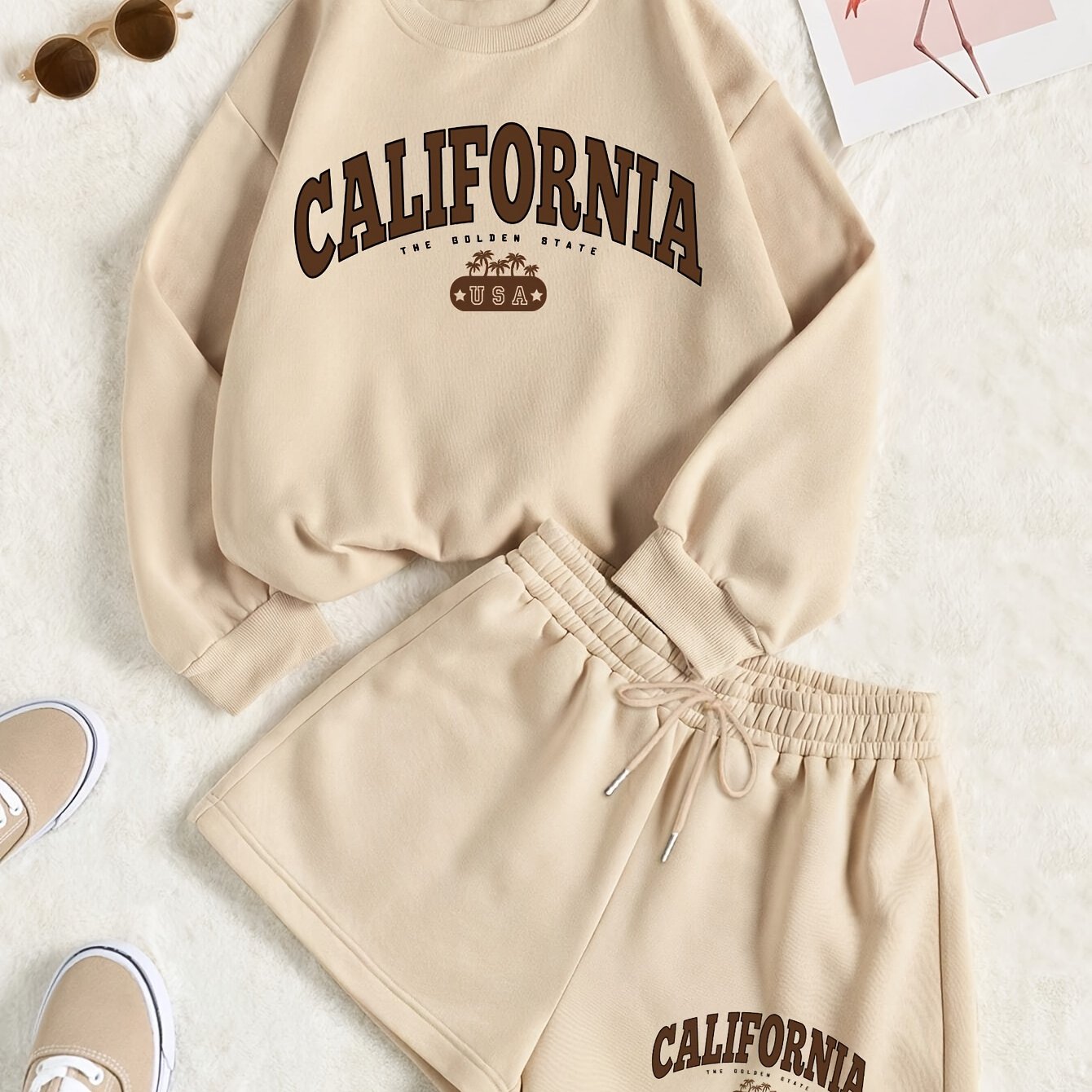 Women's Crew Neck "California" Graphic Sweatshirt and Drawstring Waist Shorts Set, Casual Sporty Loungewear Outfit