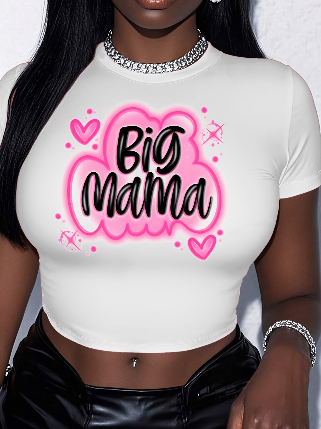 Women's "Big Mama" Graphic Crop Top - Casual Round Neck Short Sleeve, Stretchy Polyester Blend, White with Pink Lettering & Hearts, Summer Essential for Moms, Summer Top | Trendy Casual Style | Glossy Finish