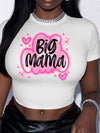 Women's "Big Mama" Graphic Crop Top - Casual Round Neck Short Sleeve, Stretchy Polyester Blend, White with Pink Lettering & Hearts, Summer Essential for Moms, Summer Top | Trendy Casual Style | Glossy Finish