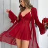 Sexy Mesh Sheer Seduction Pajama Set with Cute Ruffled Long Sleeves, Lightweight Netting Overcoat for Women - V-Neck, Solid Color, Fall/Winter Wear, Polyester Blend, Detachable Strap, 3D Printing, Relaxed Fit, Casual Wear|Det
