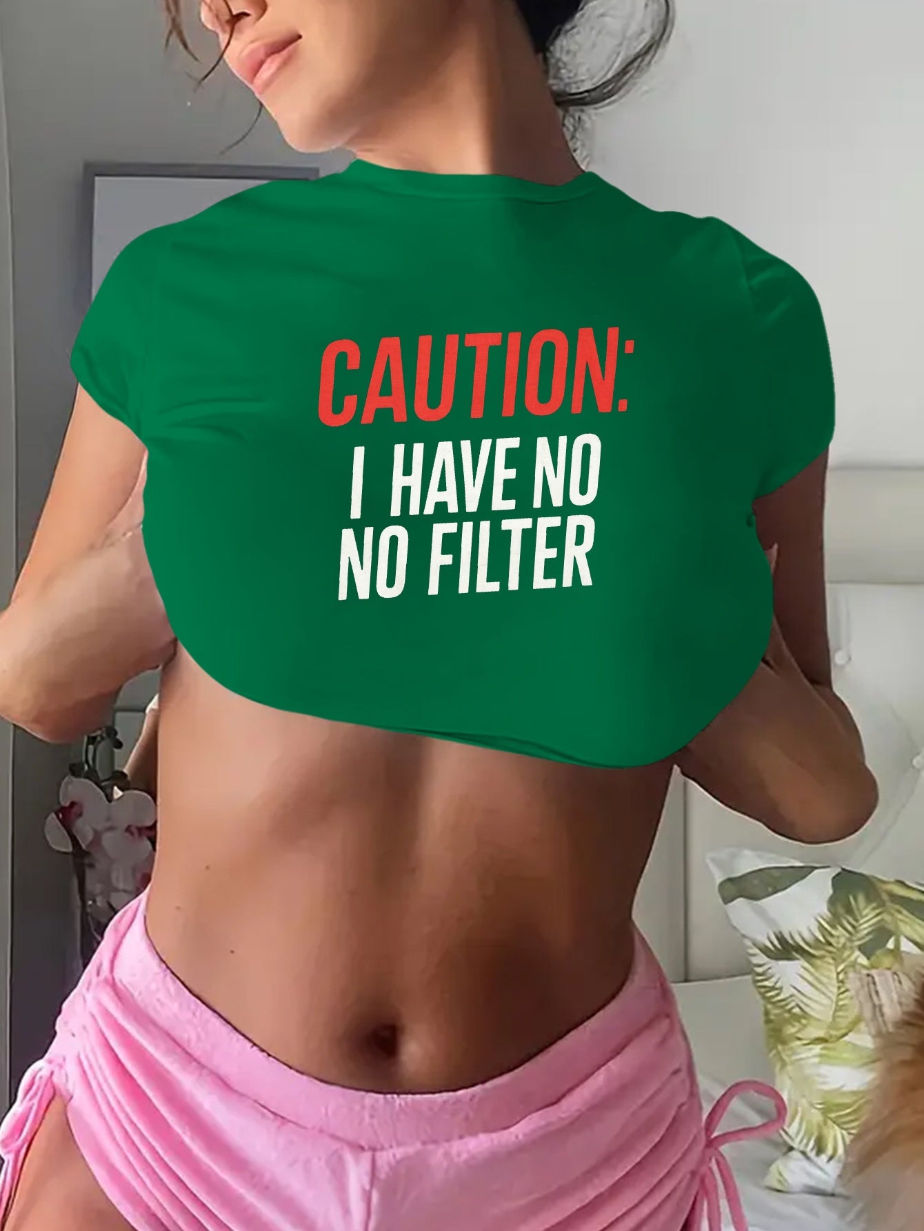 Y2K-Inspired "Caution: I Have No Filter" Graphic Crop Top T-Shirt for Women - Short Sleeve, Crew Neck, Stretchy Polyester Blend, Machine Washable, Casual & Playful Design