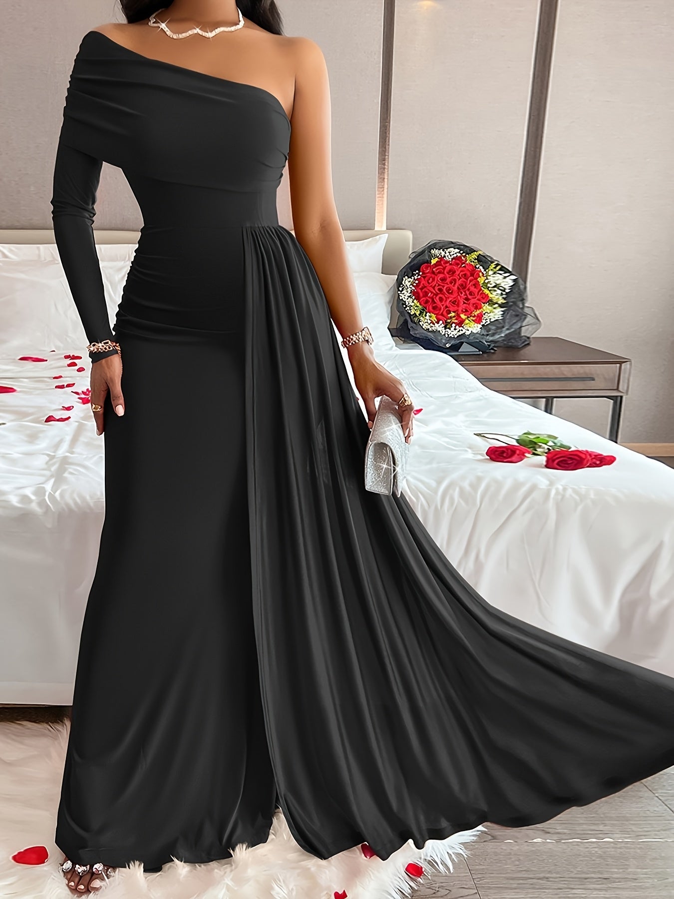 Women's Elegant Bodycon Maxi Dress - Asymmetrical Neck, Smooth Polyester Fabric, Spring/Summer Banquet & Party Wear | Micro Elasticity | Machine Wash