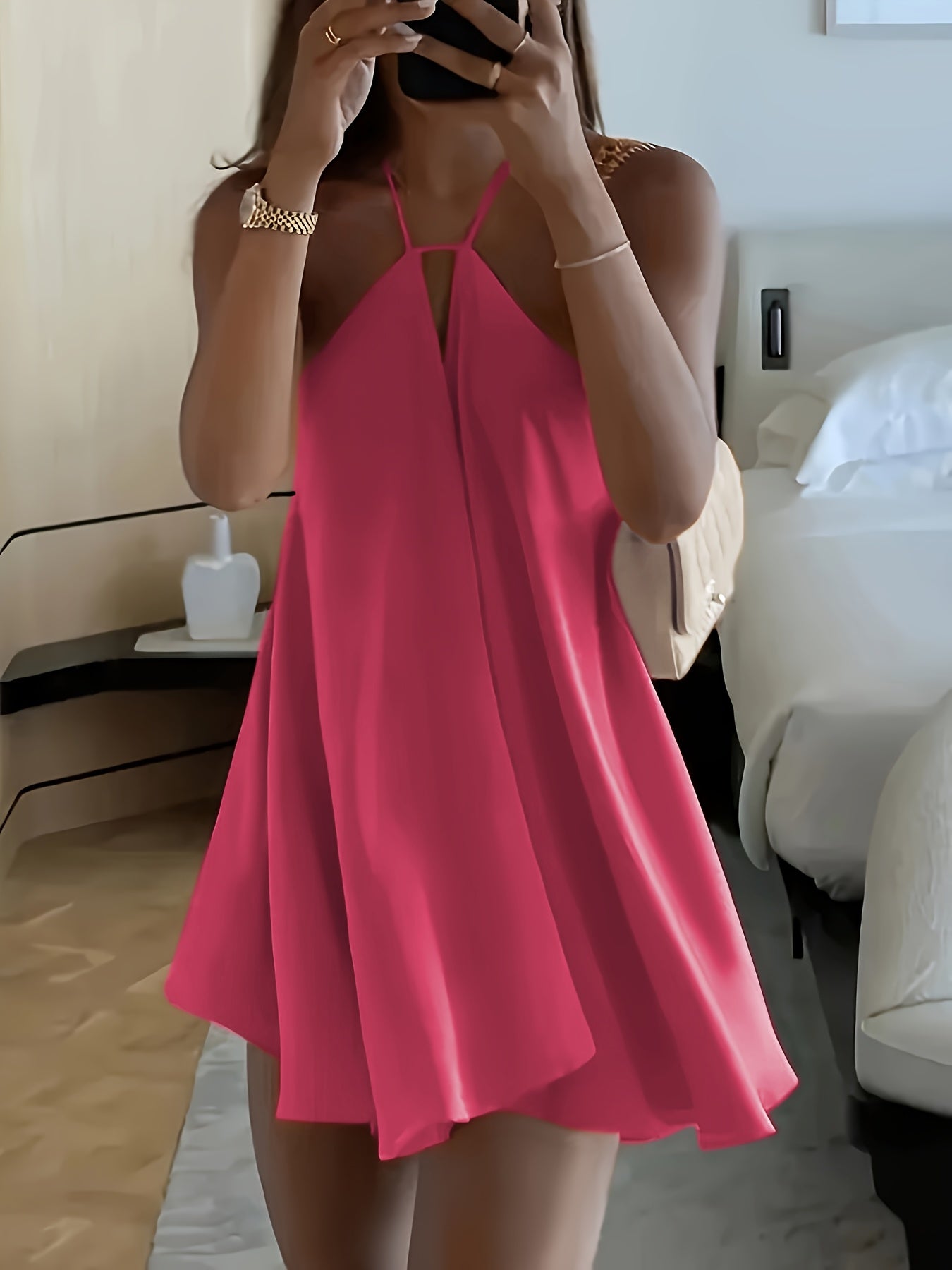 Women's Sexy Backless V-Neck A-Line Dress - Sleeveless, Tie-Back Waist, Flowy Orange Mini Dress for Summer, Beach & Casual Outings
