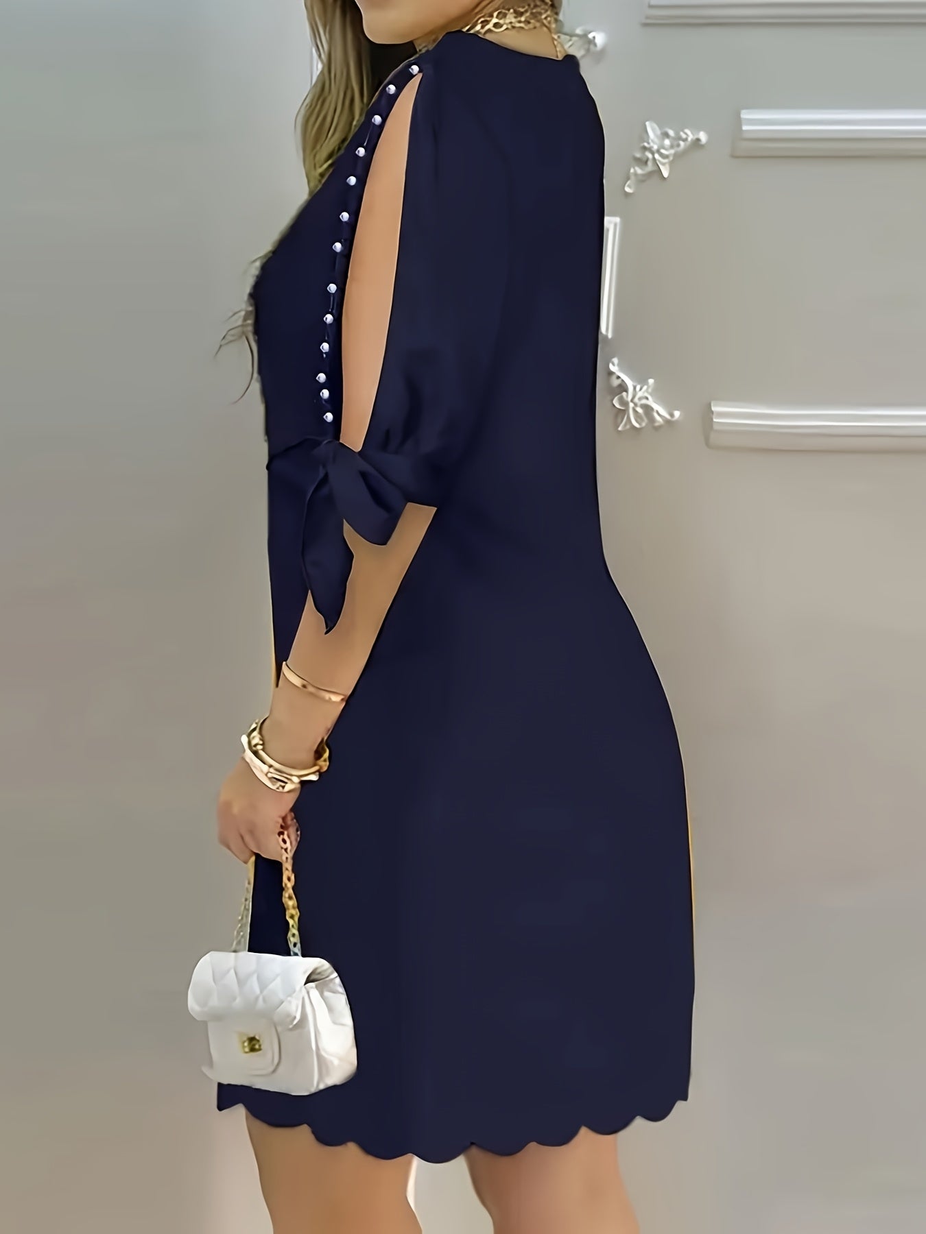 Women's Navy Blue Casual Dress - Elegant Knee-Length with Ruffle Detail, Crew Neck, Machine Washable, Polyester Blend