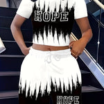 A Stylish Two-Piece Set for Women Featuring a Short-Sleeve Top with a Gradient Letter Pattern And Matching Shorts.