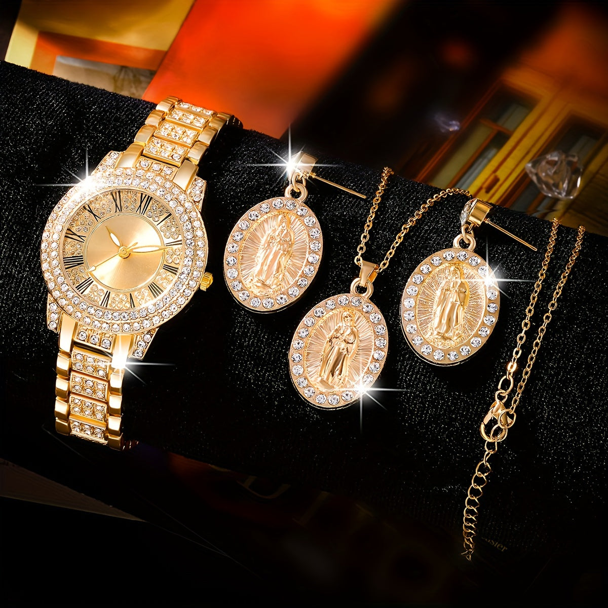 Middle East Ramadan Ladies Watch 1Set Ladies Watch Luxury Full Rhinestone Roman Dial Quartz Watch And Our Lady Of Guadalupe Pendant Necklace Earings Jewelry Set Suitable for Women Party Holiday Birthday Wear Or As Sisters The